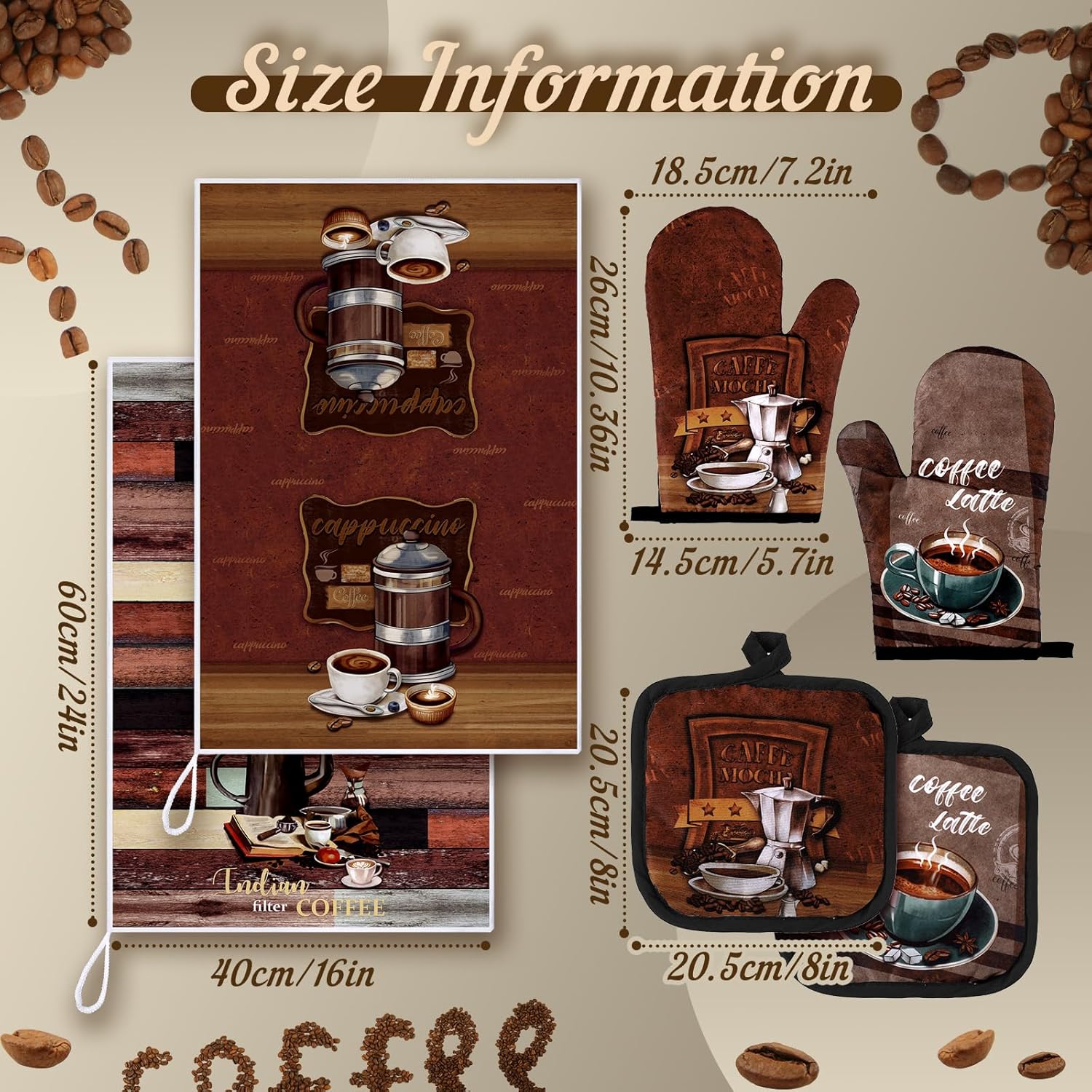 6 Pcs Kitchen Decor Set Accessorie Farmhouse Kitchen Towels Pot Holders Oven Mitts Set 2 Dish Towels 2 Pot Holders 2 Cooking Mittens Oven Glove for Cooking(Dark Brown,Coffee) - Image 4