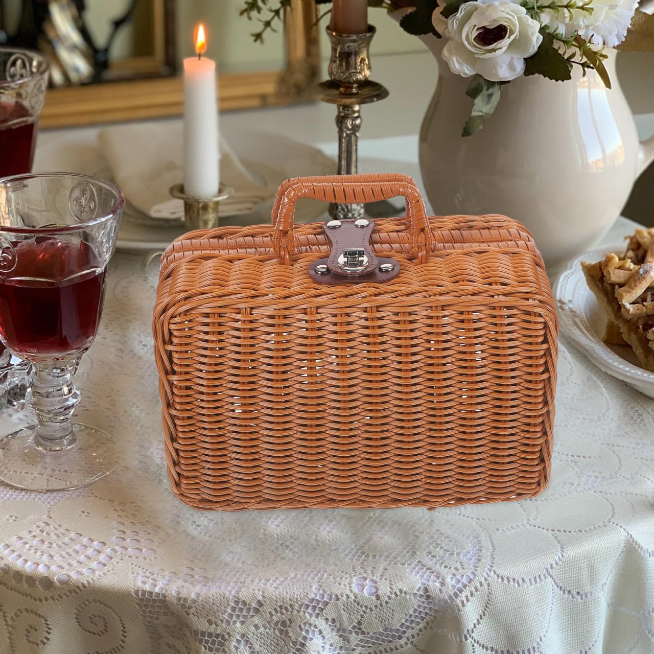 YARNOW Rattan Storage Box with Lid Small Vintage Suitcase Style Decorative Wicker Picnic Basket Handheld Organizer for Wedding Photography and Home Storage - Image 5