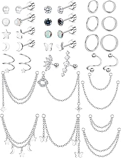 20G Cartilage Earrings For Women Men Surgical Steel Helix Earrings Set Small CZ Star Moon Opal Butterfly Flat Back Stud Earrings Cartilage Huggie Hoops Chain Dangle Cartilage Helix Tragus Piercing Jewelry