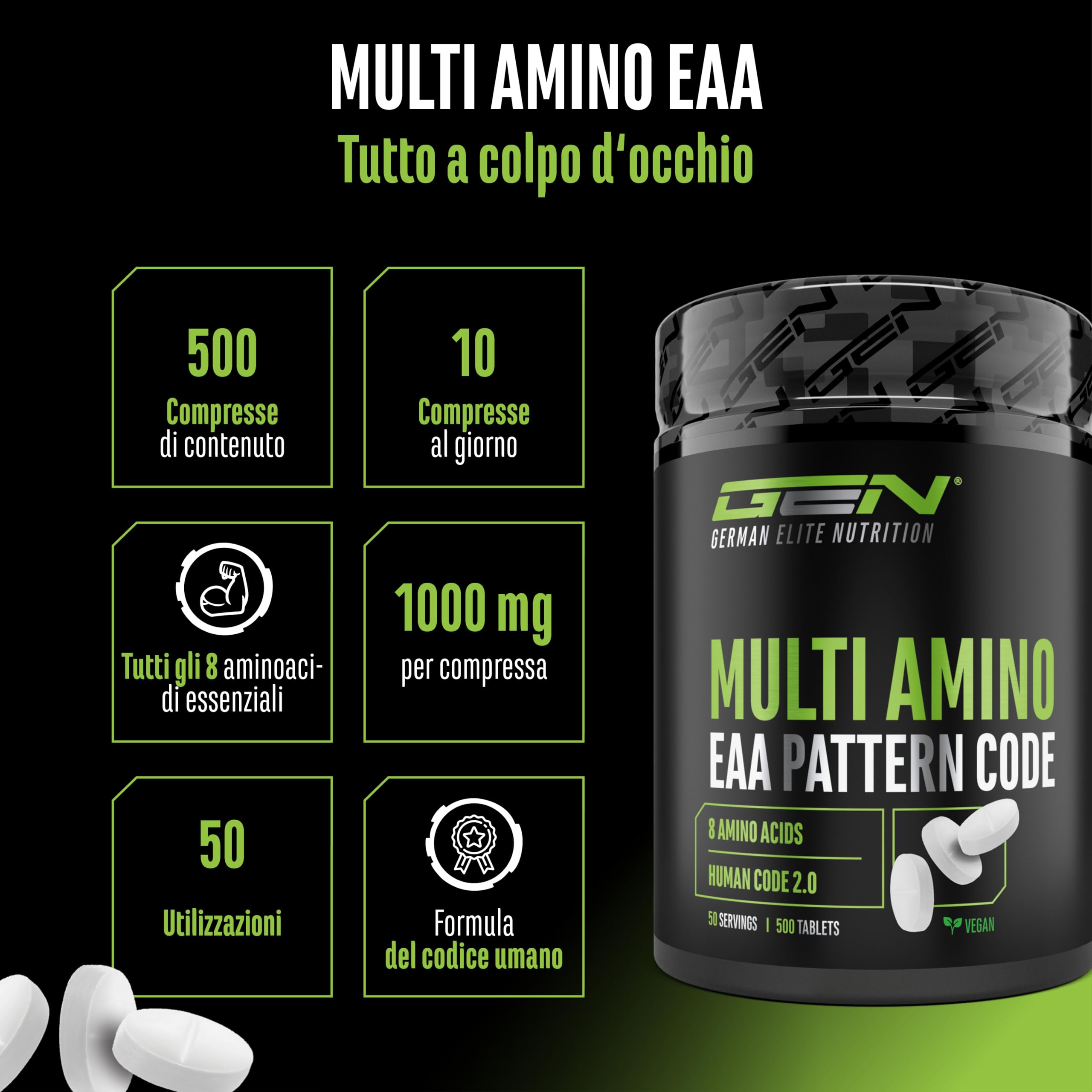 Multi Amino-EAA Pattern Code - 500 compresse da 1000 mg ciascuna - Formula Human Code - Tutti gli 8 aminoacidi essenziali - Da fermentazione vegetale - Alto dosaggio - Vegan