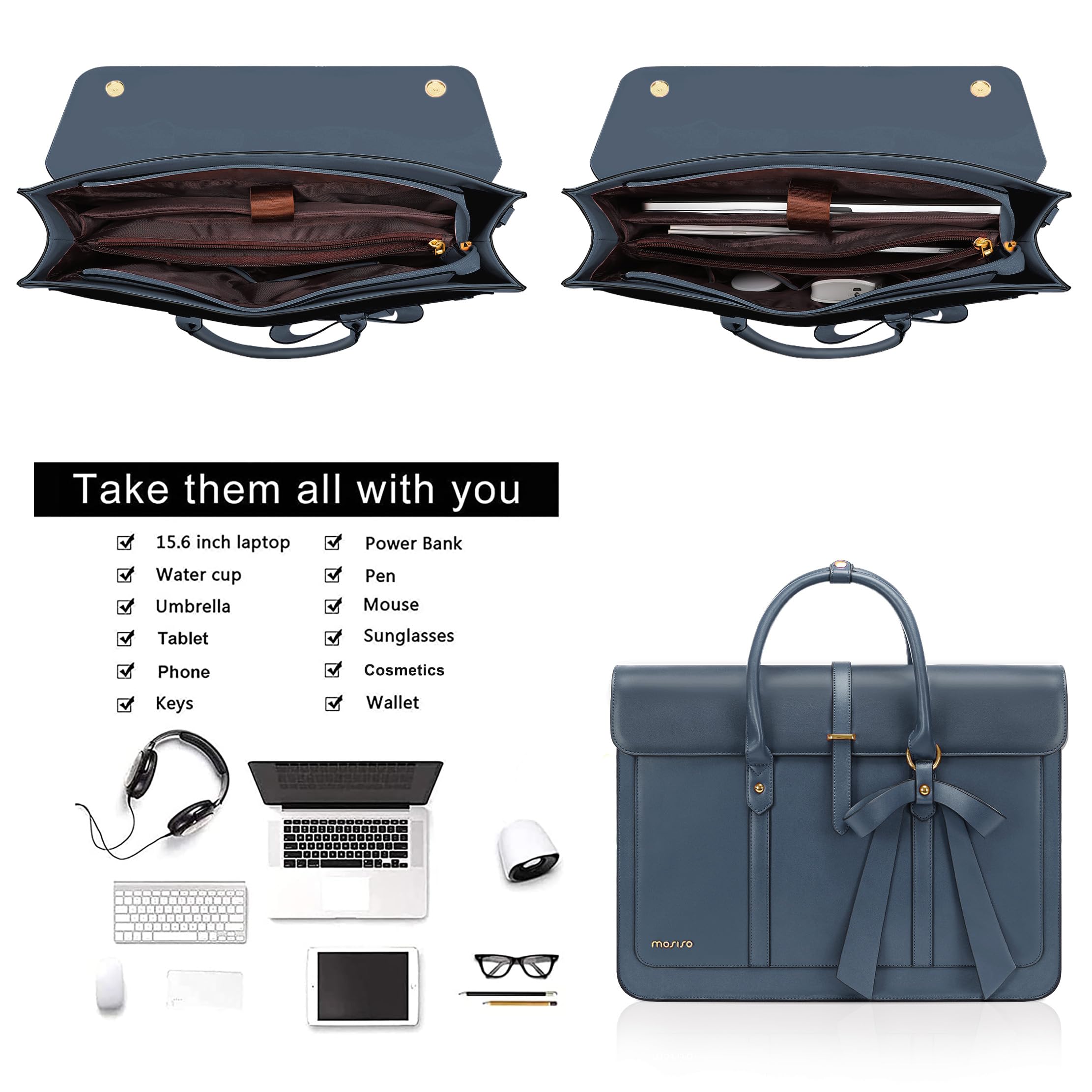MOSISO Laptop Bolsa para Mujeres, 15 Inch Cuero PU Portátil Bolsa Hombro Convertible a Mochila,15,6-16 Pulgadas Messenger Bolso Trabajo Casual Maletín Viaje Computer Bolsa con Bowknot,Azul Pavo Real