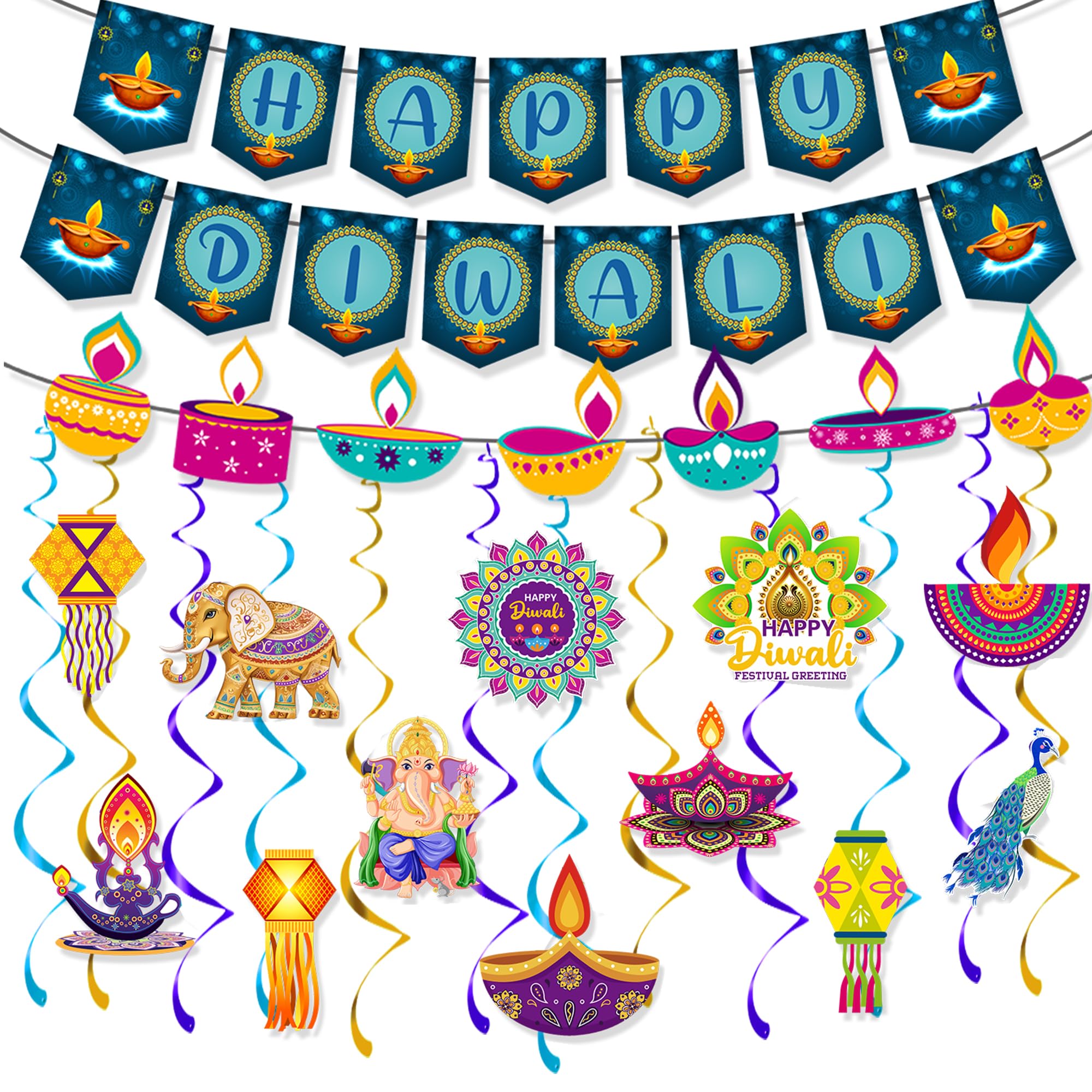 Buscando Diwali Decorations Happy Diwali Banner Hanging Swirls Decorations for Home Festival of Lights Party Home Decor Deepavali Hanging Garland Indian Pooja Puja Wall Ceiling Decorations Indoor