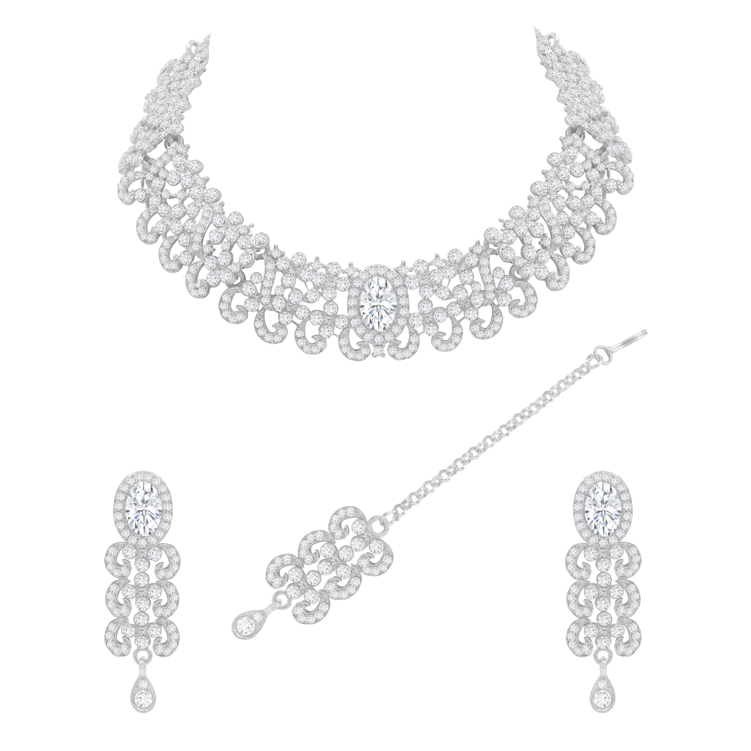 SAIYONI Women Valentine Day Special Dazzling Alloy Austrian Diamond Silver Plated Choker Necklace Earring With Maangtikka Jewellery Set (B09D3PNLDL) Amazon Price History, Amazon Price Tracker