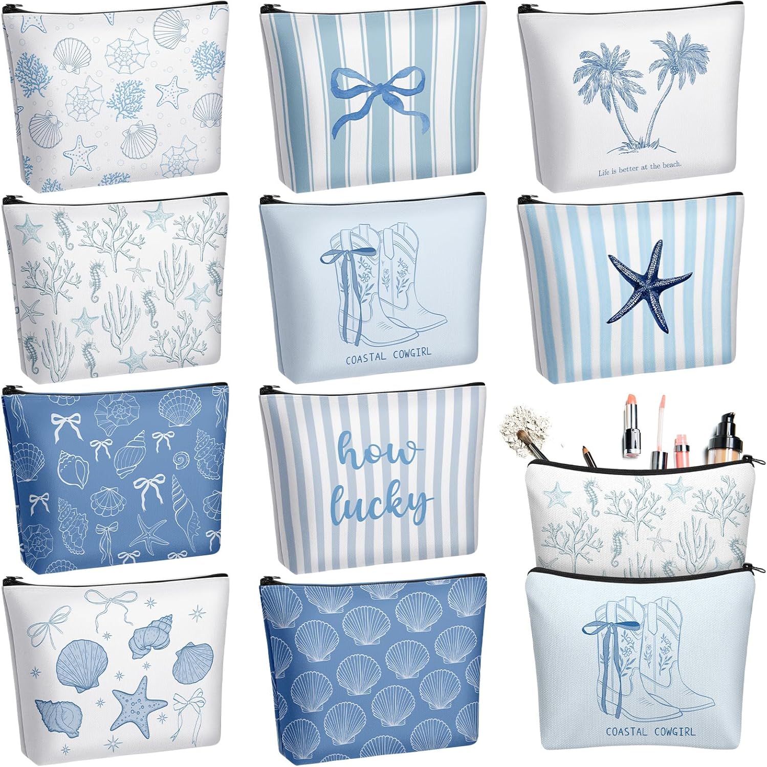 10 Pcs Ocean Themed Cosmetic Bags Bulk Zipper Pouch Makeup Bag for Women Girls Sea Weekend Travel Vacation Trip Gifts Supplies Nautical Party Favors Beach Accessories