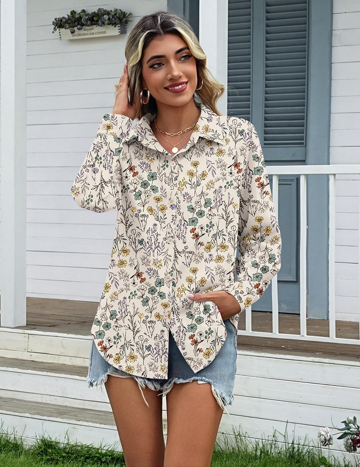 Zeagoo Womens Cotton Linen Button Down Shirts Loose Fit Long Sleeve Collared Blouse Casual V Neck Tops Outfits S-3XL - Image 3