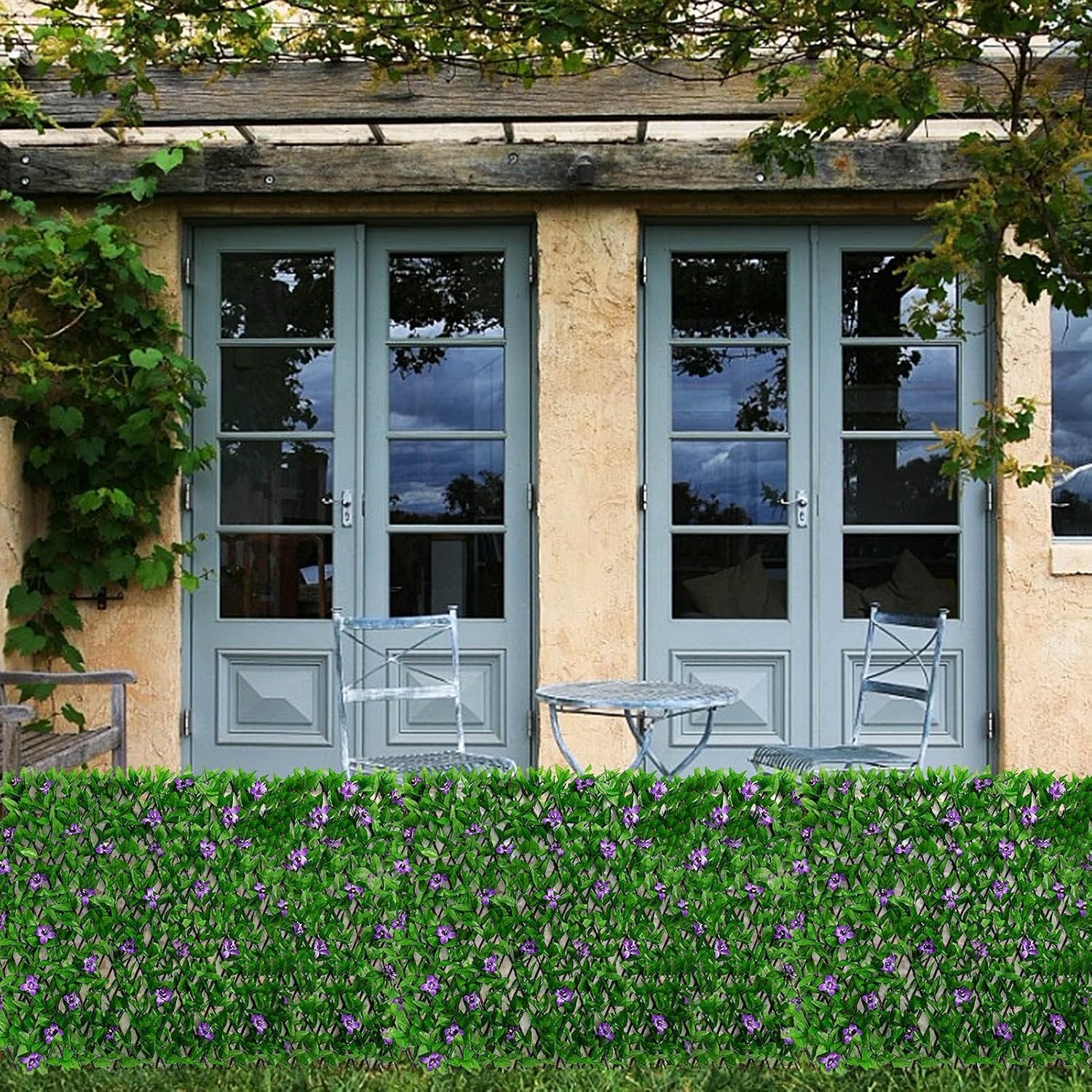 2Pcs Artificial Ivy and Violet Flower Fence Screening,Expanding Garden Trellis Panels for Balcony Patio Outdoor,Decorative Faux Ivy Fencing Panel,Artificial Hedges 40x200cm- Expanded (2) — view 5