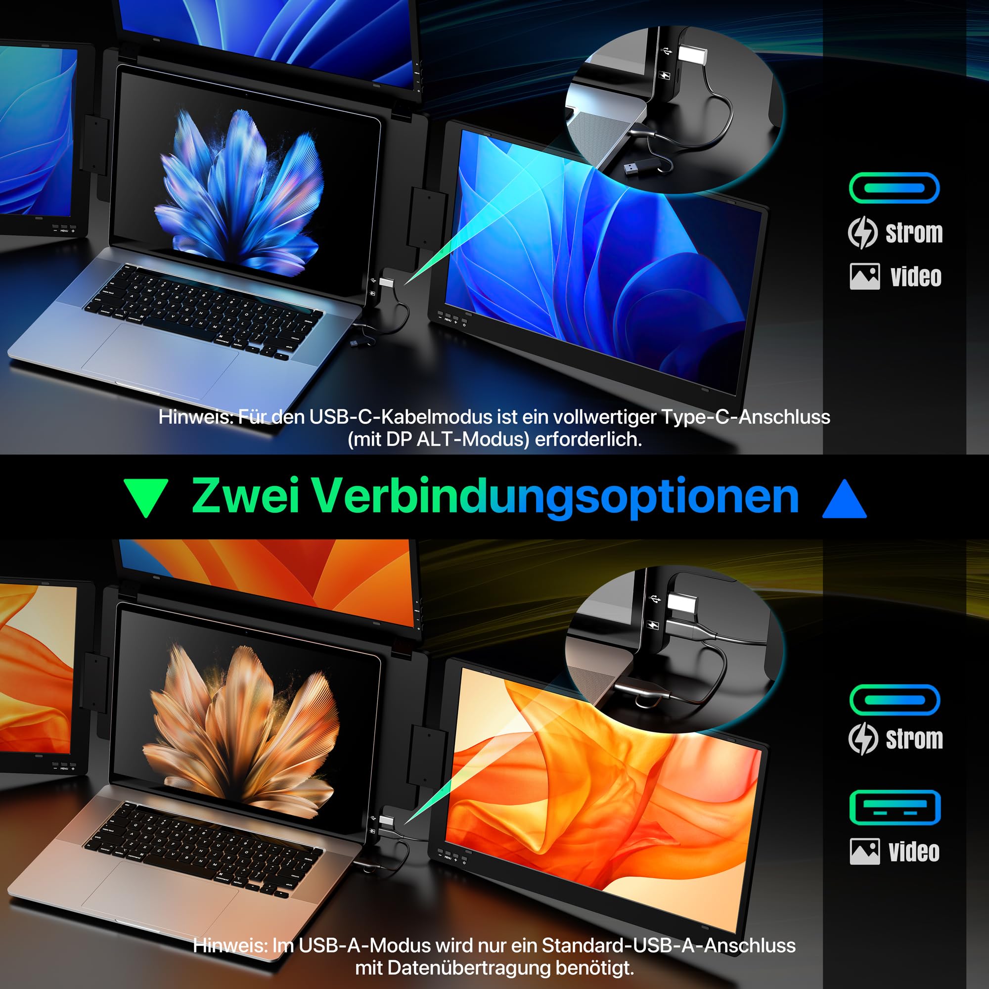 ROADOM 15,6" Triple Laptop Monitor, 1080P FHD IPS, Type-C, Metallgehäuse | 3-Bildschirm-Erweiterung, 1080P FHD IPS, Type-C & USB, 360° Drehbar, Faltbar, Metallgehäuse, Win/Mac/Android