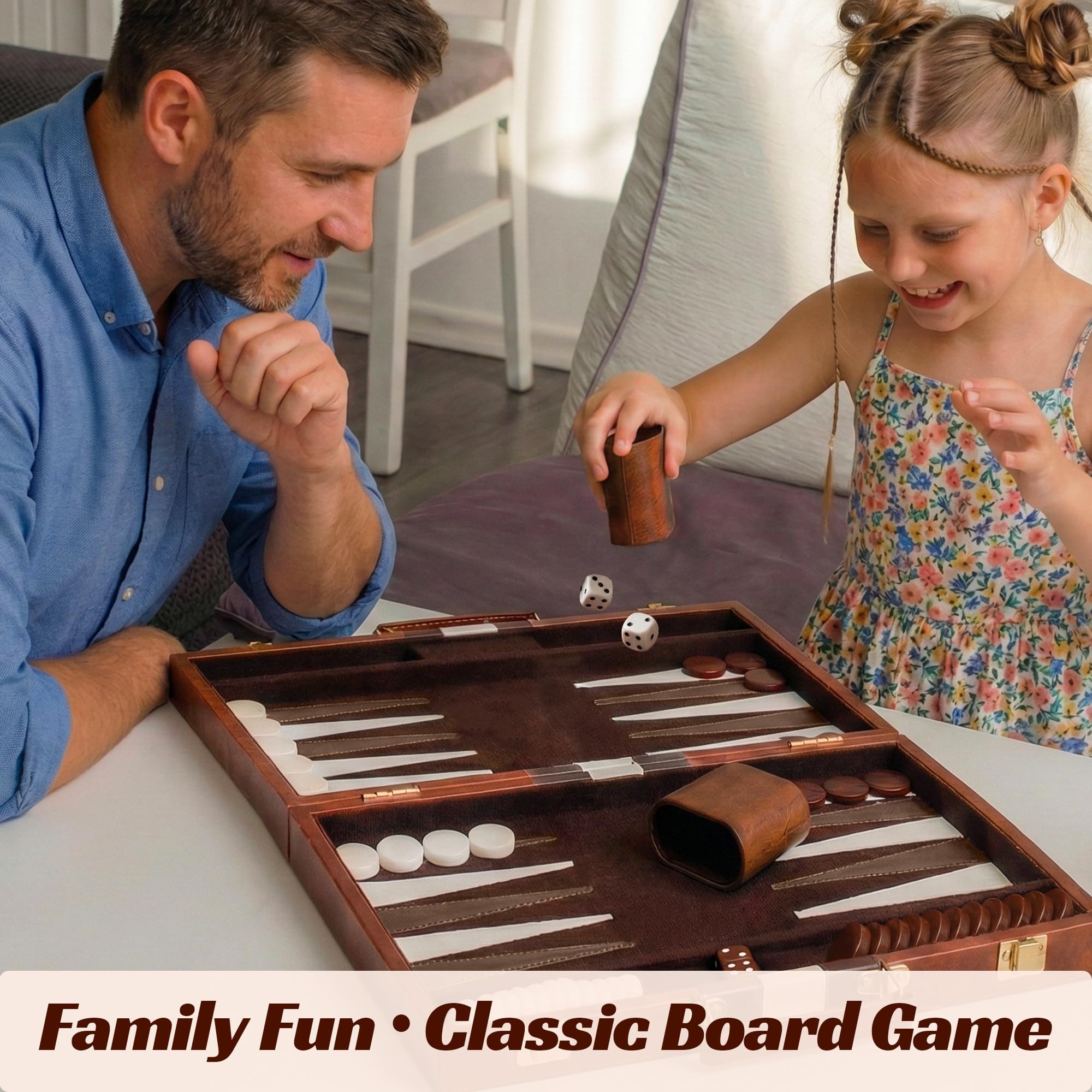 Jeu de Backgammon de Voyage, PUYUKO Jeu de Société de Luxe 11" avec Mallette en Cuir PU pour 2 Joueurs, Mallette de Backgammon avec Dés et Pions pour Adultes et Hommes (Brun)