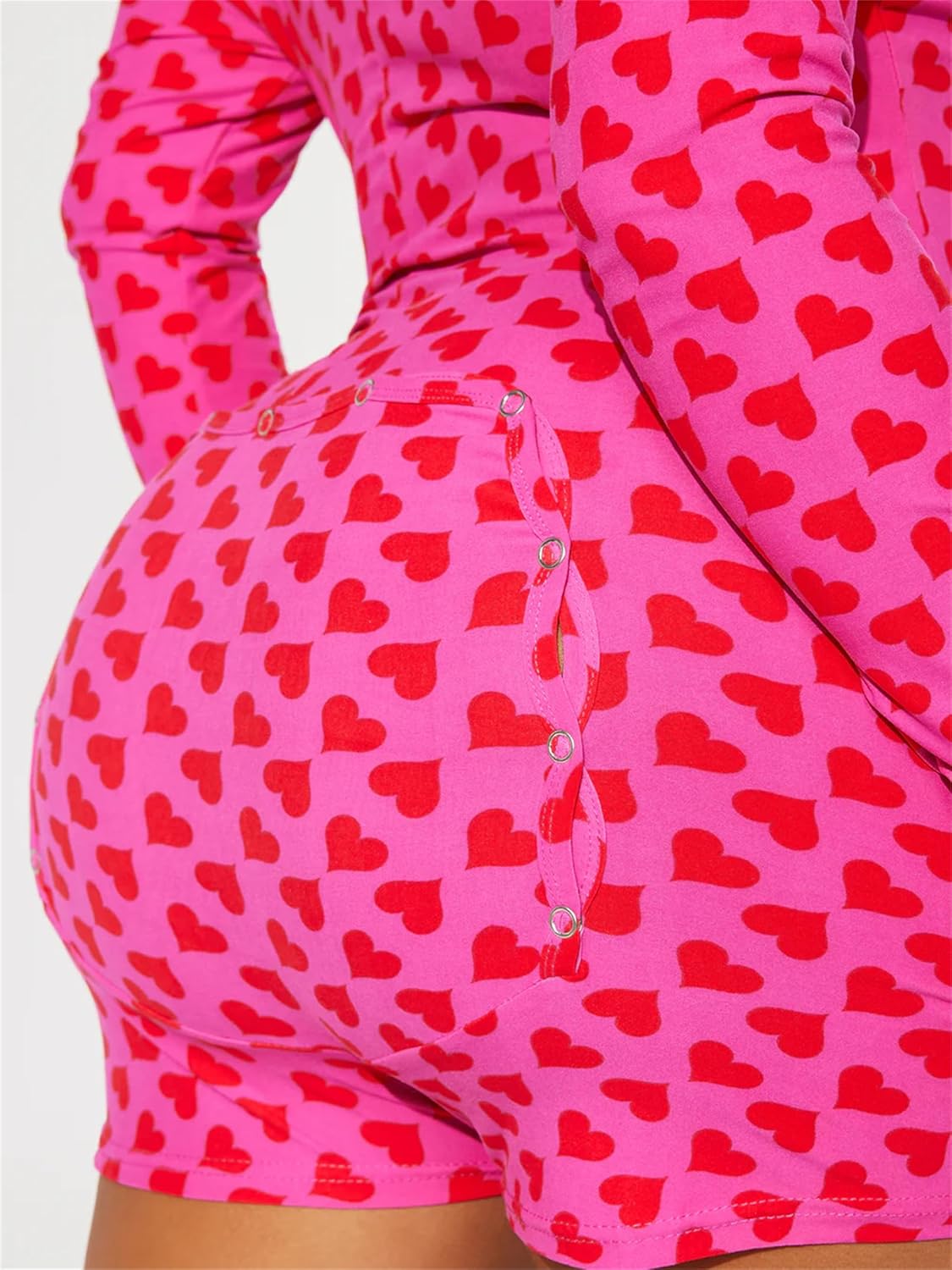 Women Valentines Pajamas Y2k Heart Print V Neck Long Sleeve Romper Butt Flap Button Bodycon Shorts Jumpsuit Sleepwear - Image 4