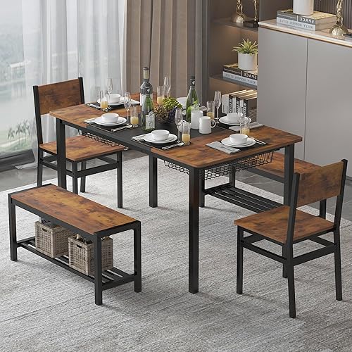 Juego de mesa de comedor para 4-6 personas, mesa de comedor industrial con 2 bancos y 2 sillas, juego de mesa de cocina con estante de