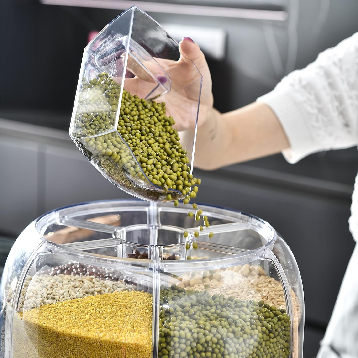 360° Rotating Dry Food Dispenser White 6-Grid 22 Lbs Round Cereal Dispenser 12"×10"×10" Grain Dispenser for Rice Storage Kitchen Corn BPA-Free,B