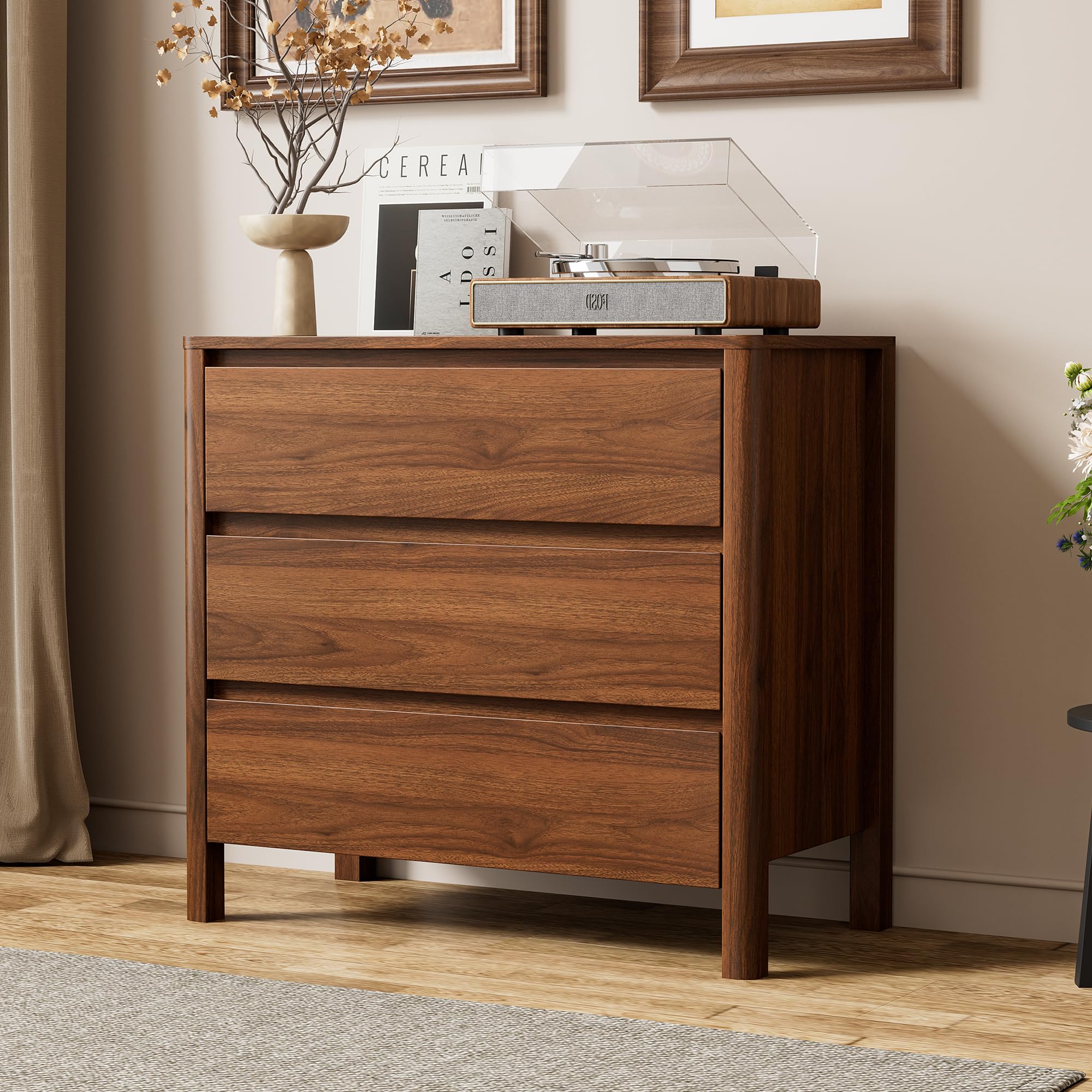 Furniway Walnut Dresser for Bedroom, Mid-Century Modern Dresser with 3 Drawers and Solid Wood Legs, Wide Chest of Drawers for Bedroom, Living Room,