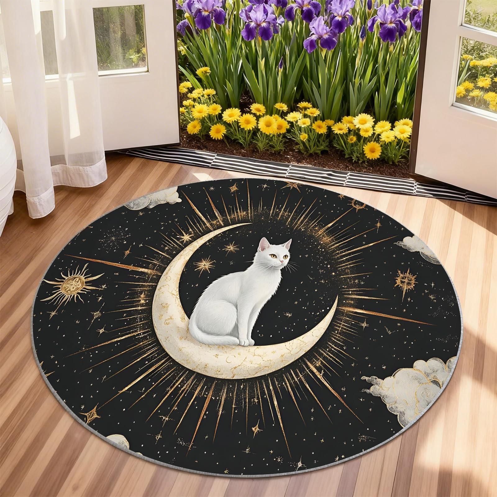 Générique Tapis Rond bohème de 120 cm, Motif Chat Lune, pour Chambre à Coucher, Salon, Bureau, Table Basse, décoration d'intérieur