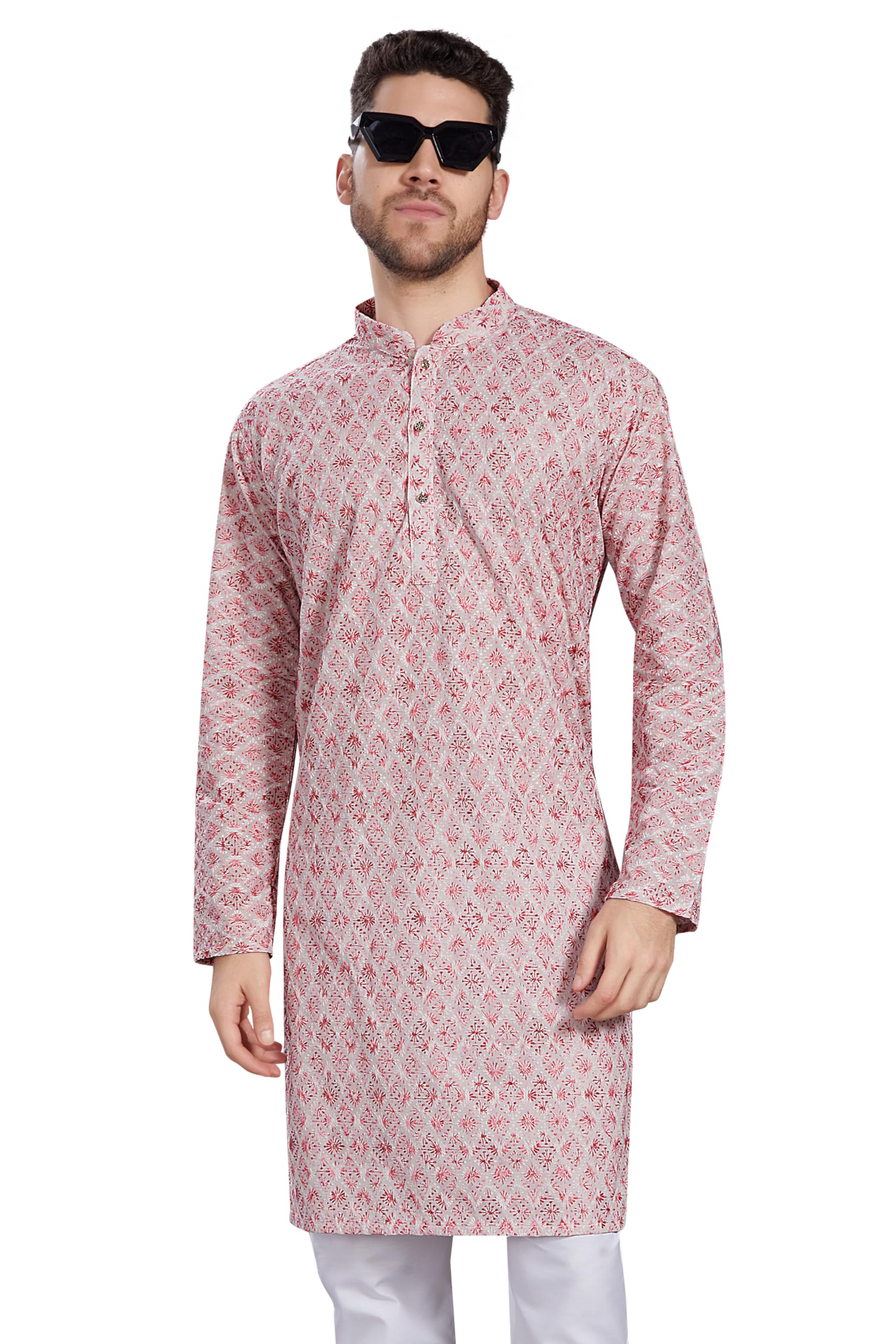 Divisive Men's Thread Embroidered Cotton Blend Only Slim Fit Kurta (Dkrt804_Xl_Off White - Pink)