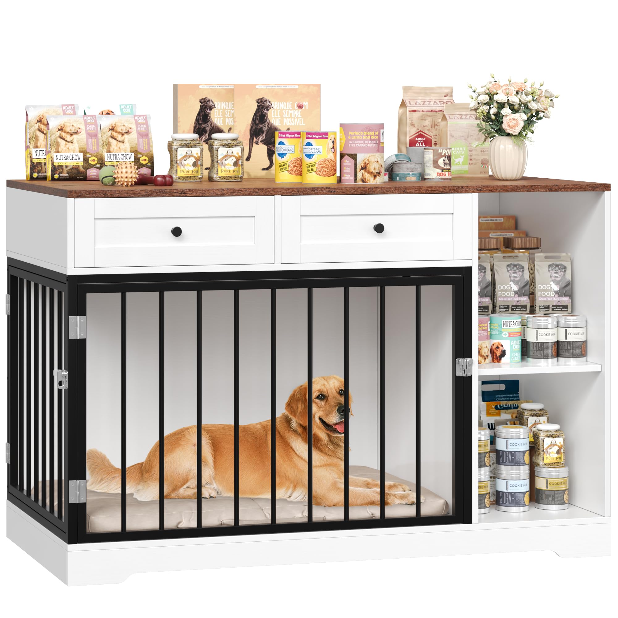 FirFurd 120 cm Jaula para Perros, Jaula Perro Grande, Caseta Perro, para Perros Pequeños y Medianos, para Interior, Metal y Madera, con 2 Cajones (Marrón y Blanco)