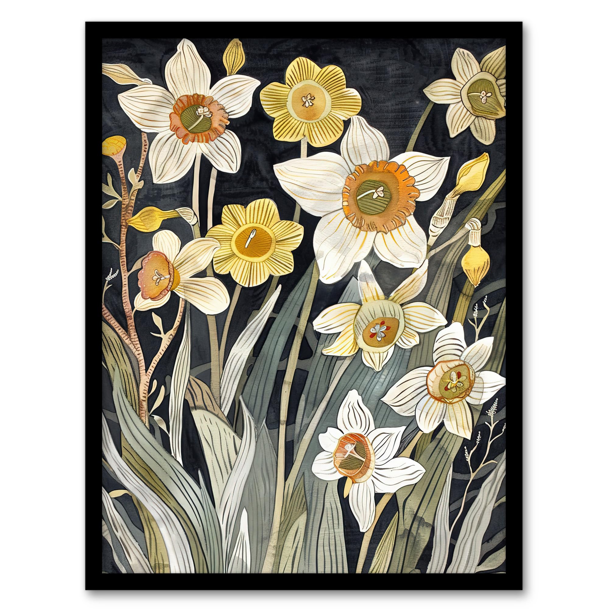 Artery8 Dark Daffodils in Bloom Artwork Spring Floral Living Room Artwork Framed Wall Art Print A4