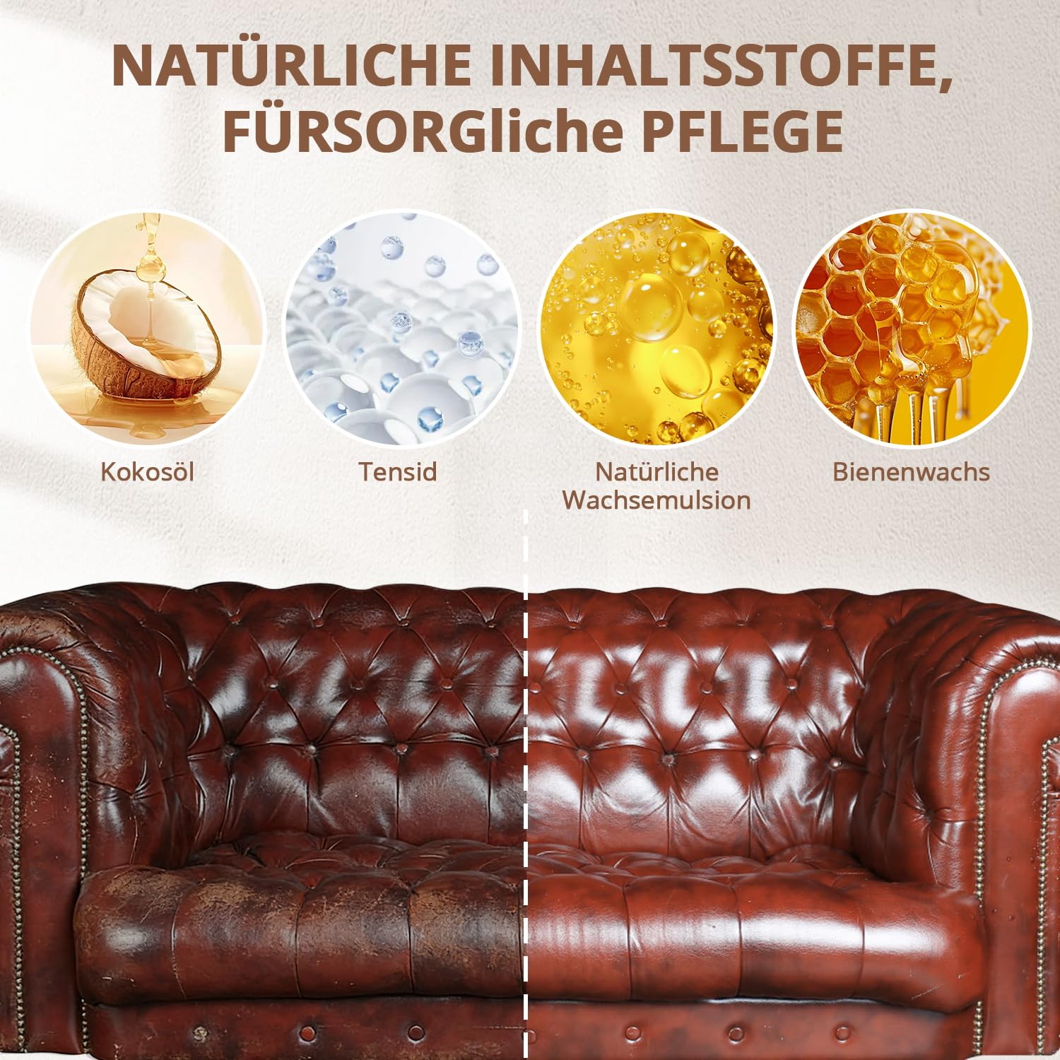 Lederpflegeset Lederreiniger & Pflegemittel Set – Leder sicher reinigen & schützen mit dem Reinigungstuch-Handschuh für Auto, Möbel, Schuhe, Taschen und Bekleidung, 2 Flaschen à 300 ml