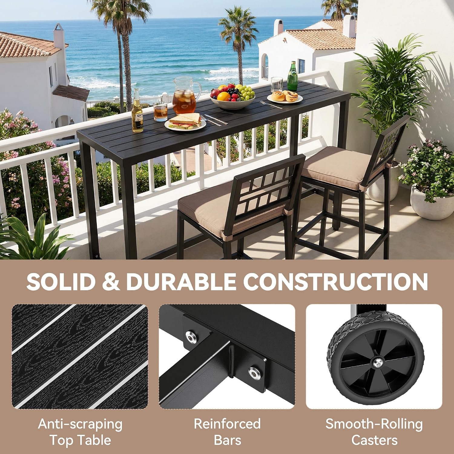 3Pcs Bar Table and Chairs Set, 63" Outdoor Bar High Top Table with 2 Cushioned Bar Stools, Modern Patio Table and Chairs Set for Backyard, Porch, Bistro, Pool Balcony