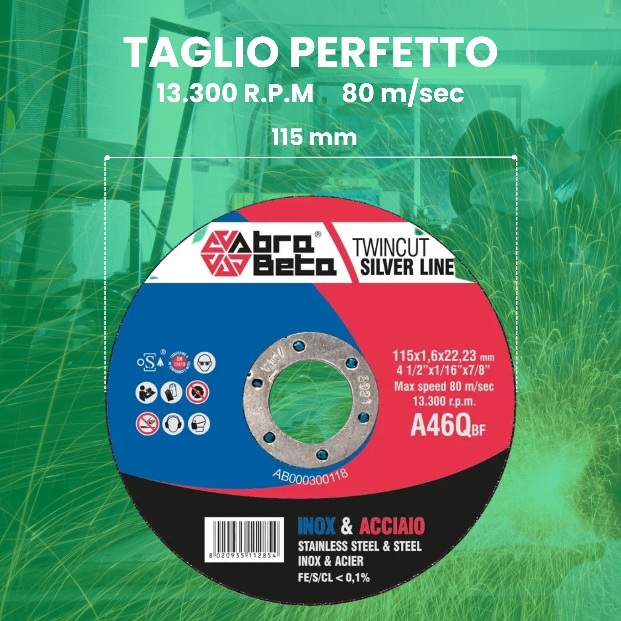 Dischi da Taglio Sottili per Inox e Acciaio, Linea Silver A46Q 115x1,0x22.23, Spessore 1,0 mm, Foro 22,23 mm, Centro Piano, Confezione 50 Pz