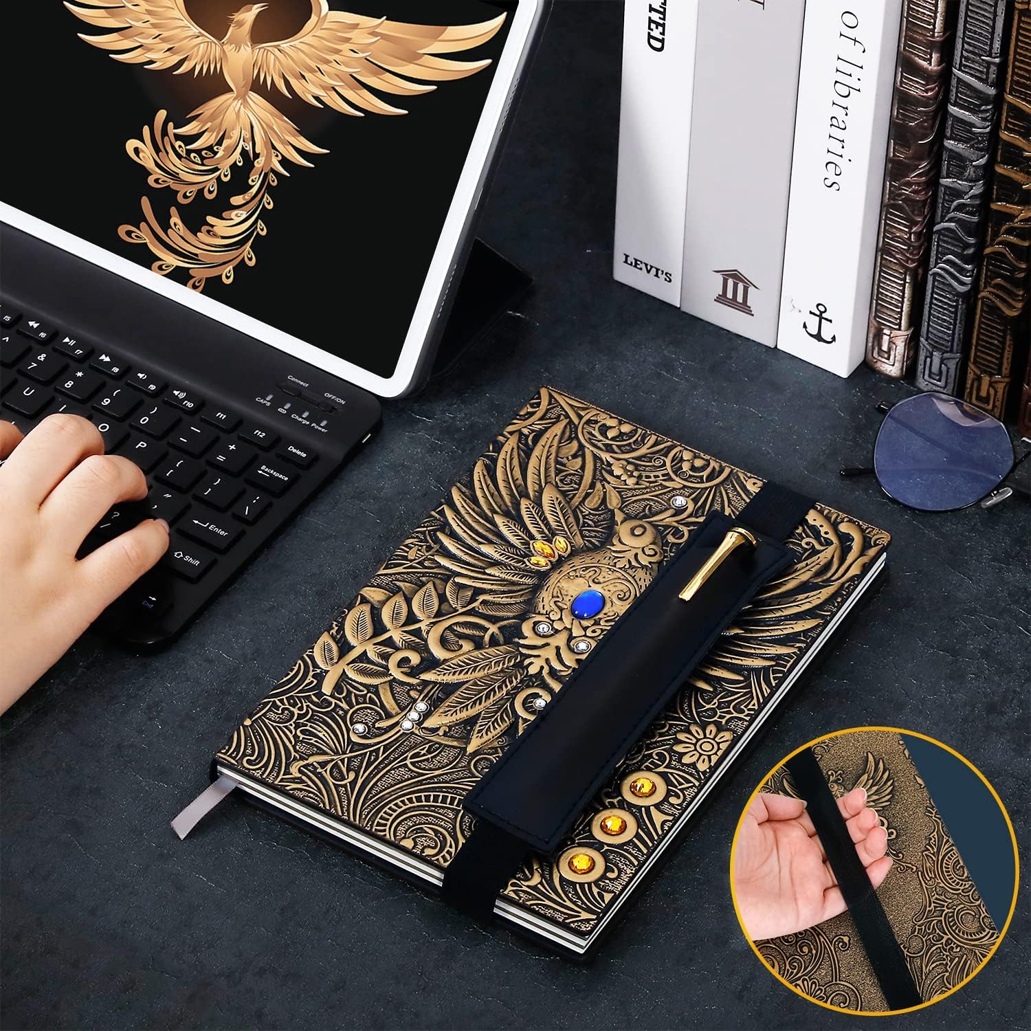 FEIDIAO Vintage Phoenix Embossed Leather Notebook Travel Journal Office Daily with Black Ballpoint Pen and Pen Sleeve Antique Handmade Hardcover Book Gift for Men and Women (A5) - Image 3