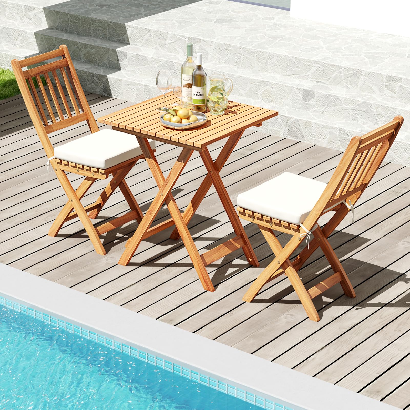 COSTWAY Ensemble de Table et Chaises en Bois d’Acacia 3 Pièces, Comprenant 1 Table et 2 Chaises Pliantes Coussins Rembourrés, Ensemble de Mobilier pour Intérieur et Extérieur (Beige Modèle2)