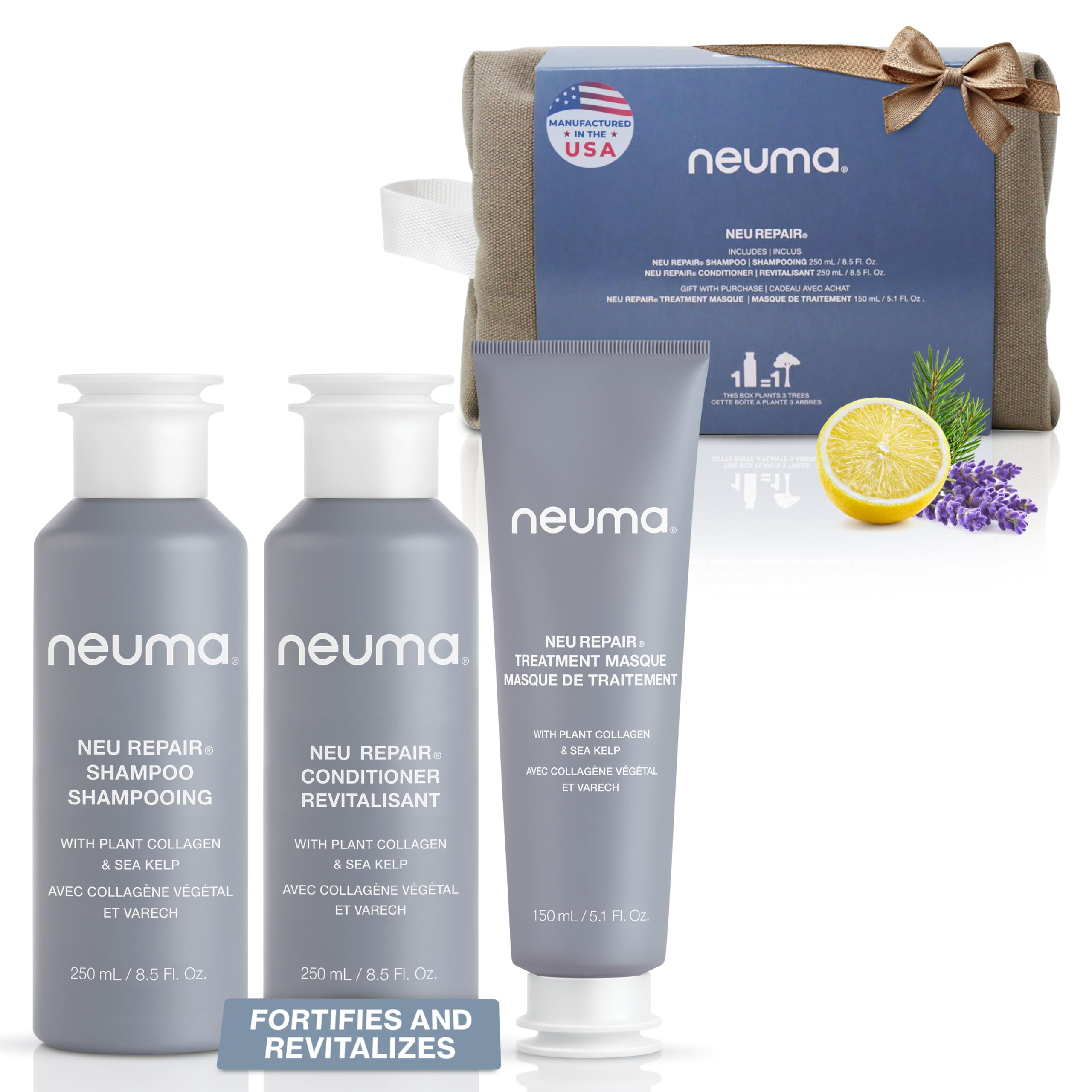 NEUMA Neu Repair Holiday Gift Set — Neu Repair Shampoo (8.5 Fl. Oz.), Neu Repair Conditioner (8.5 Fl. Oz.), and Repair Treatment Masque (5.1 Fl. Oz.) — Hair Repair Treatment for Damaged Hair
