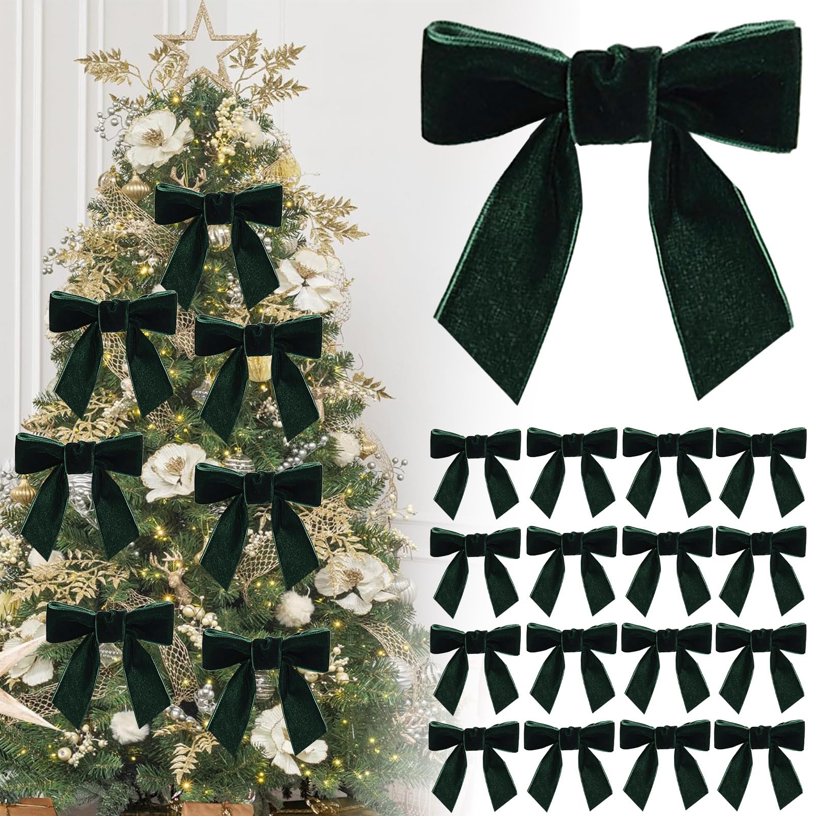 16P Christmas Dark Green Velvet Ribbon Gift Bows,4.3" Green Velvet Bows with Twist Ties,Christmas Tree Bow,Vintage Wedding Velvets BowXmas Wreaths Garland Velvets Ribbon for Pretied Gift Wrapping Bows