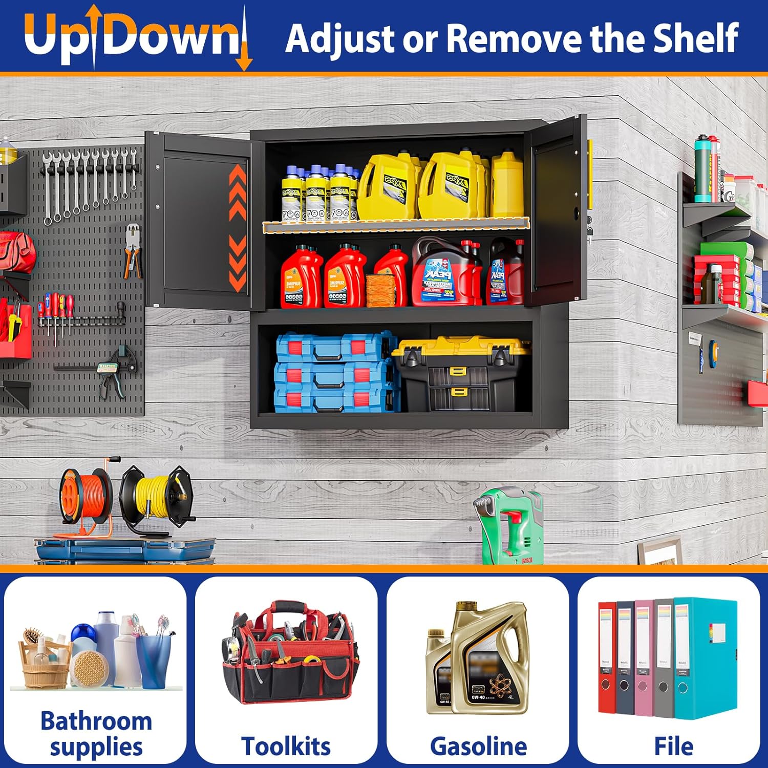 Metal Garage Wall Cabinet, Over Toilet Storage Black with Open Area, Wall Mounted Medicine Cabinet with 2 Doors and Adjustable Shelves, Metal Wall Cabinet for Tool Room, Office, Garag, Bathroom