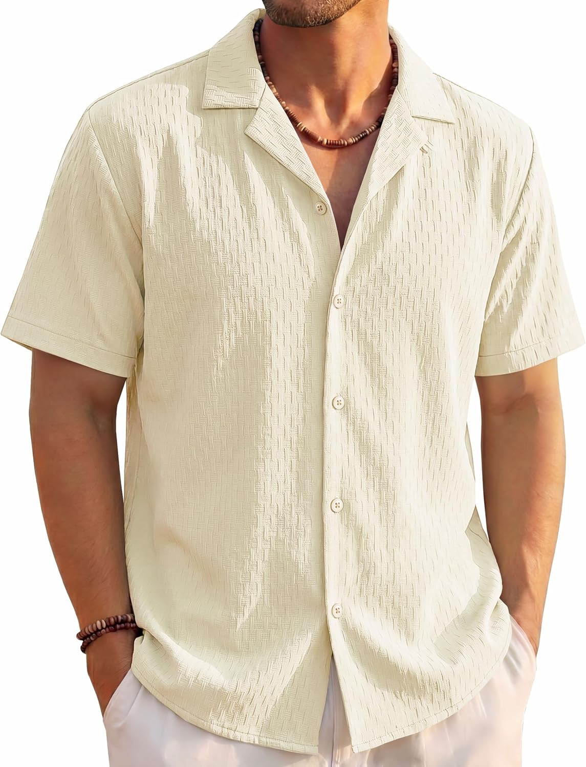 EKLENTSON Mens Button Down Shirts Short Sleeve Textured Summer Beach Shirt