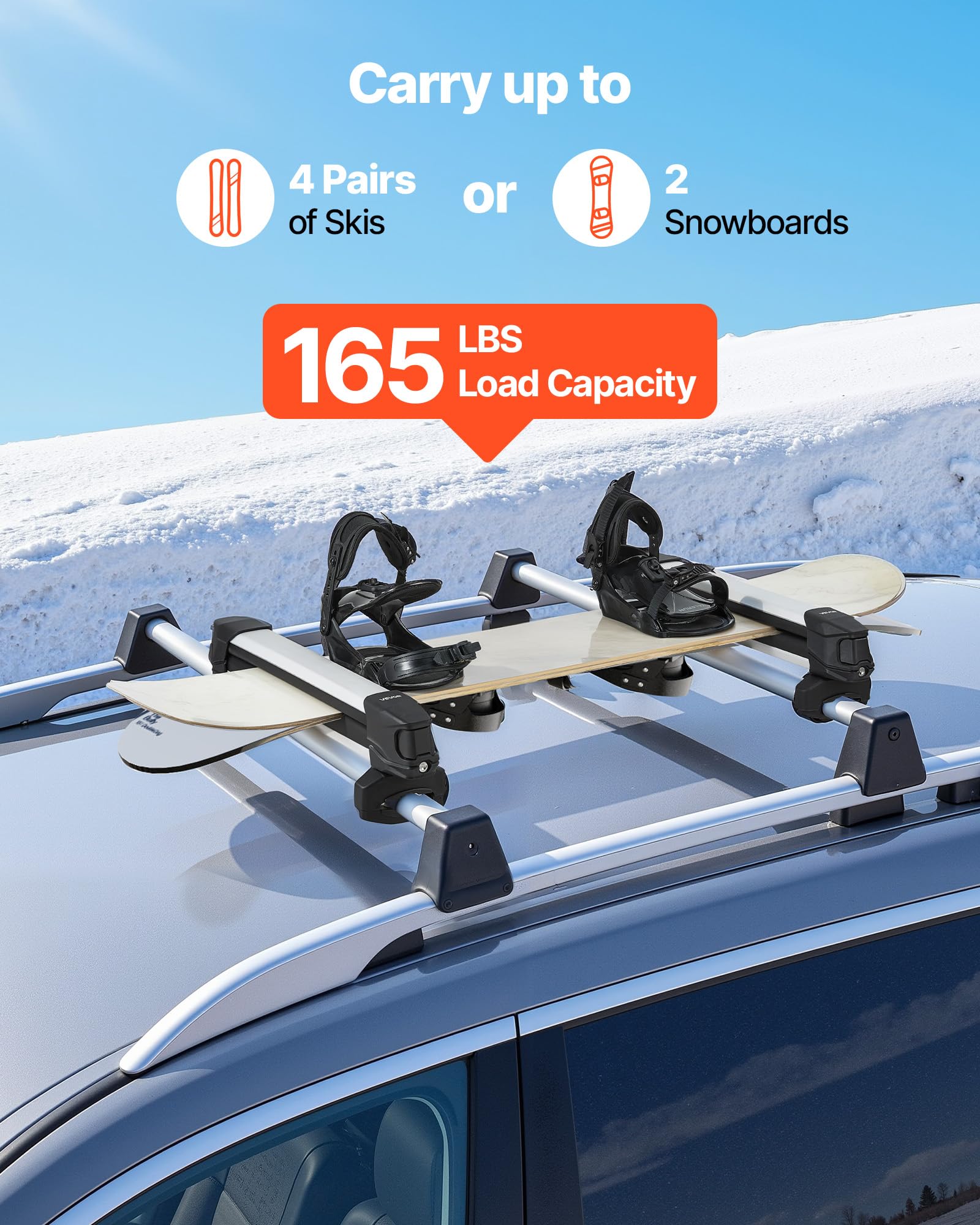 VEVOR Portasci e Snowboard, Porta Fino a 4 Paia di Sci o 2 Snowboard, 2 Supporti Universali in Alluminio per Portapacchi Auto con Serratura e Imbottitura in Gomma, Portacanna da Pesca