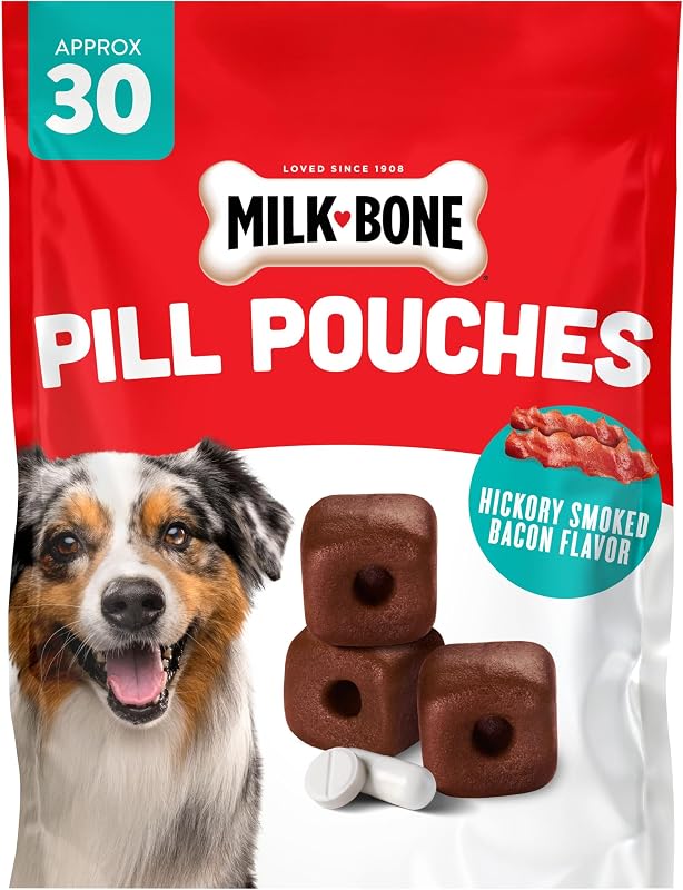Milk-Bone Pill Pouches, Hickory Smoked Bacon Flavor, 30 Pill Pouches | 7.4-oz. bag, disguise your dog’s pills, fits most capsules and tablets