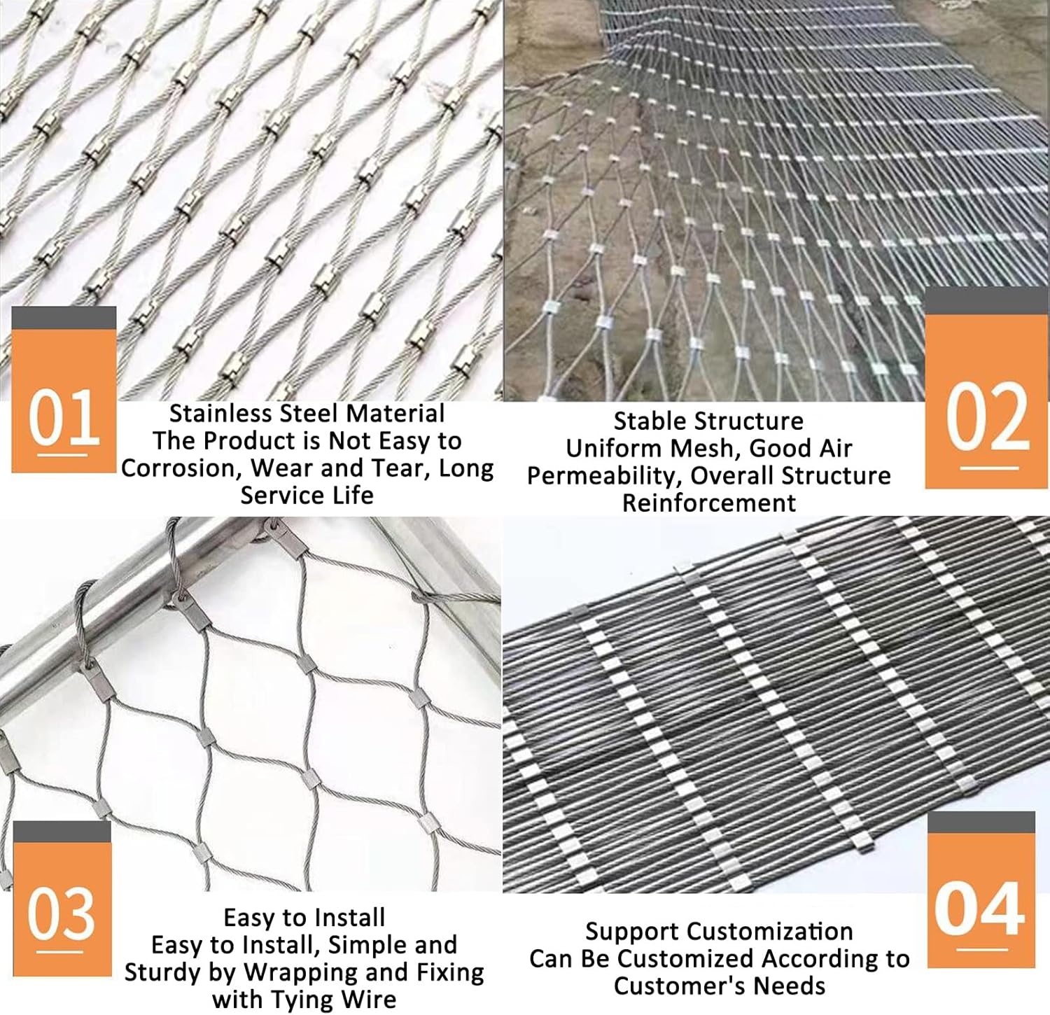 WIGING 304 Stainless Steel Rope Net, Mesh Hole 10cm Flexible Fence Wire Mesh, Poultry Cage Protection Net, Impact Resistance Safety Netting (Color : Silver-3mm, Size : 1x1m)