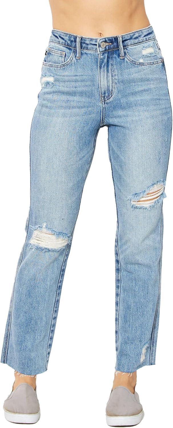 Judy Blue Women's High-Rise Rigid Magic Straight Leg Jeans with Raw Hems and Destroyed Details