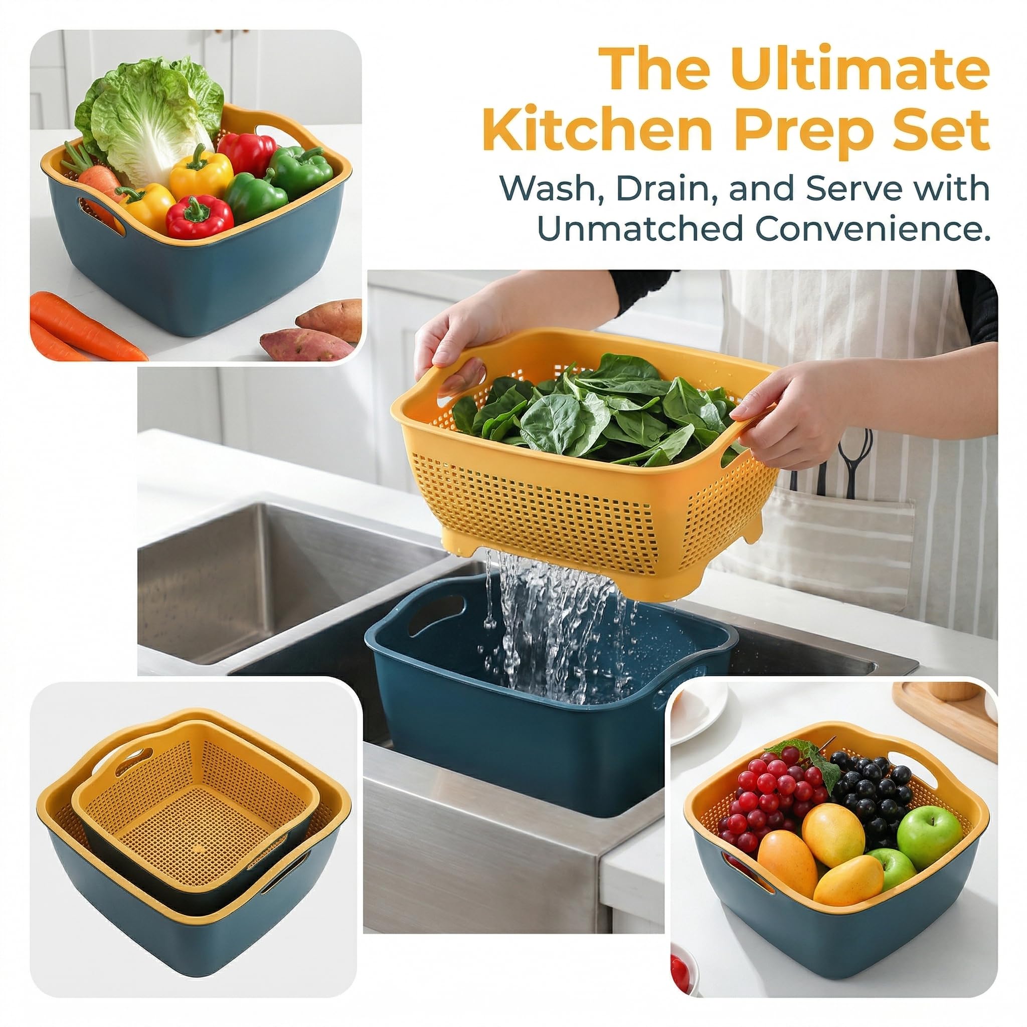 Jucoan Juego de 2 cuencos de cocina grandes de 9 y 8 cuartos de galón, cesta de plástico de doble capa para lavar frutas y verduras, cuencos de drenaje para limpieza