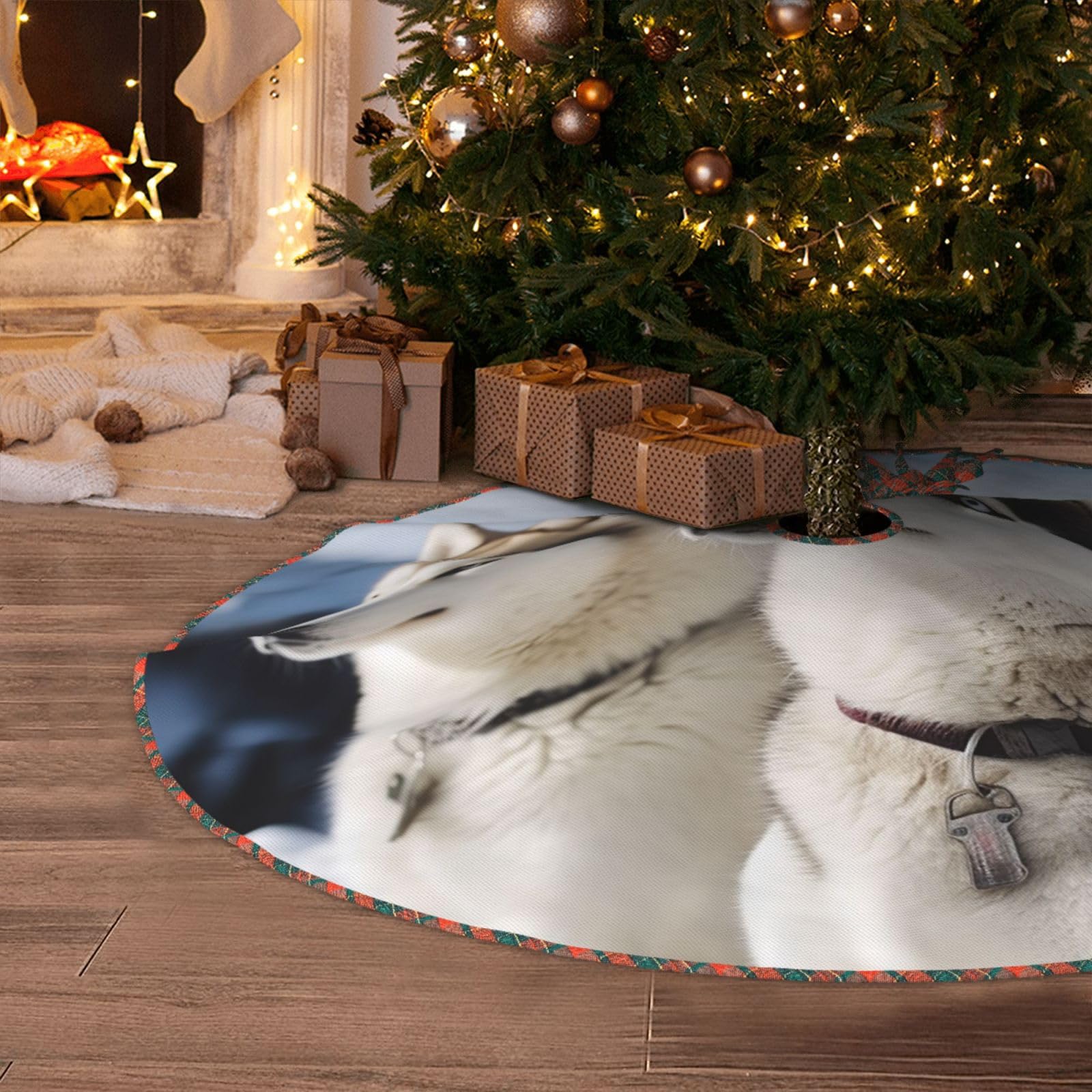 Husky Dogs Christmas Tree Skirt 48" Artificial Tree Mat Cover Merry Christmas Burlap Xmas Tree Skirt for Christmas Decoration Holiday Indoor Outdoor Winter Party Decor