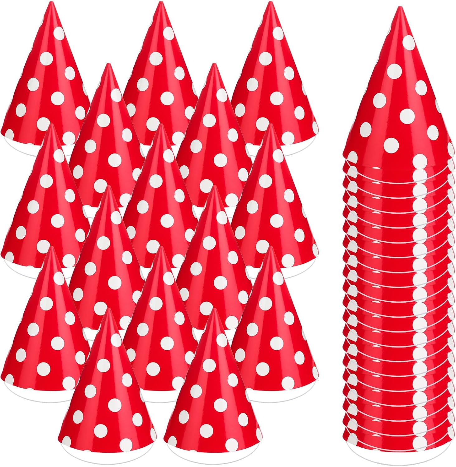 Mumufy 100 Pcs Red Cone Party Hats White Round Dot Lovely Birthday Party Headwear for Stuffed Animals, Pets, Adults Birthday Decorations Headwear Supplies