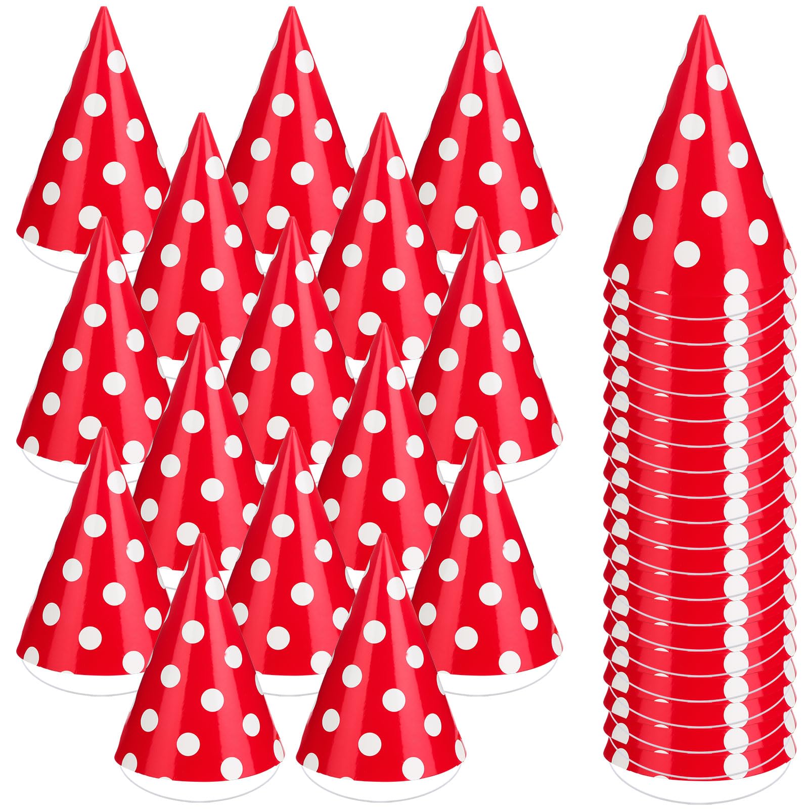 Mumufy 100 Stück rote Kegel-Partyhüte, weiße runde Punkte, schöne Geburtstagsmütze, Partyhüte, Kuchen-Papierhüte, für Geburtstagsparty, Kopfbedeckung