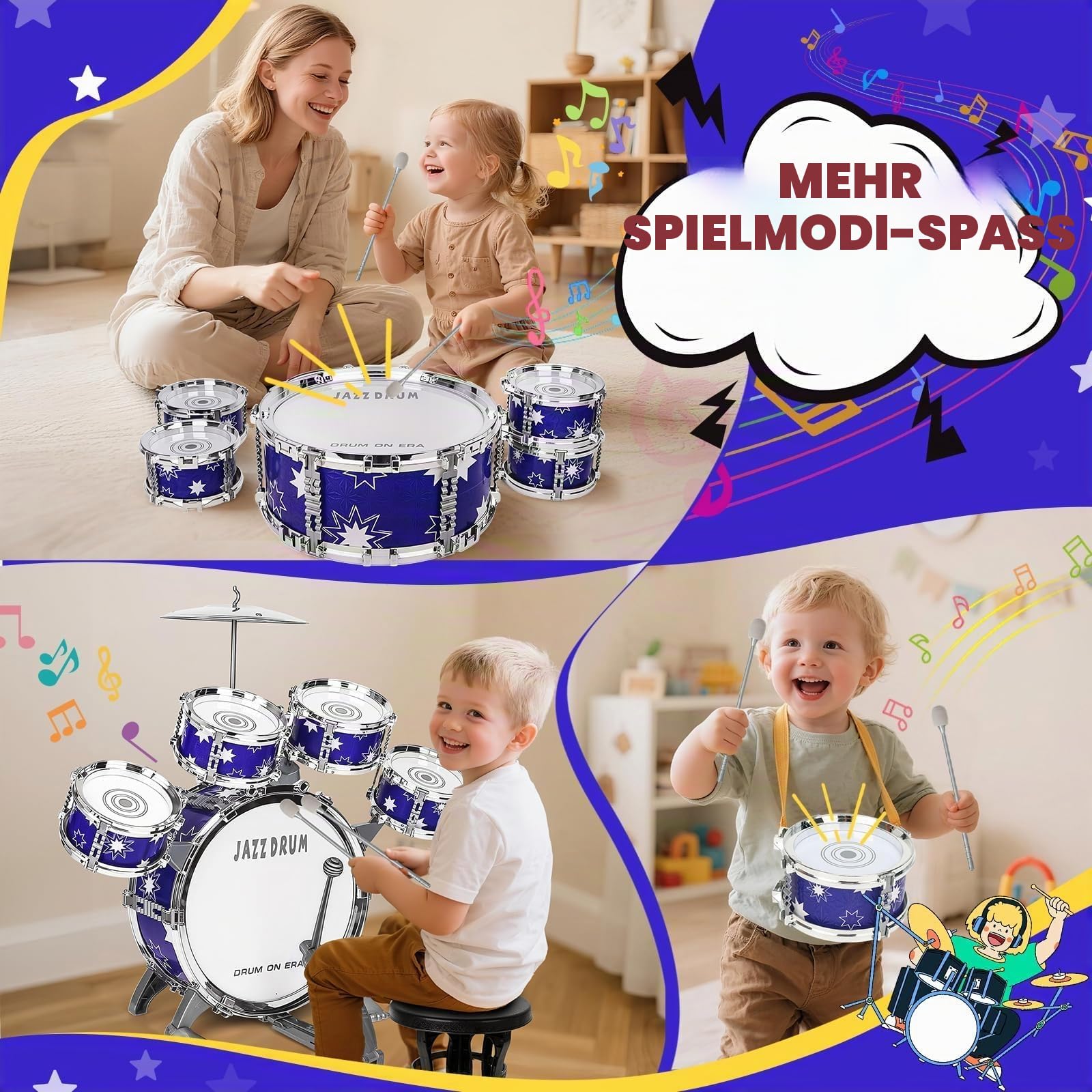 Upgrade Schlagzeug für Kinder 3-5 Kleinkind Spielzeug Alter 2-4 Jazz Drum Set mit Hocker Musikinstrument Spielzeug für 3 4 5 Jahre alte Mädchen Jungen Geschenke
