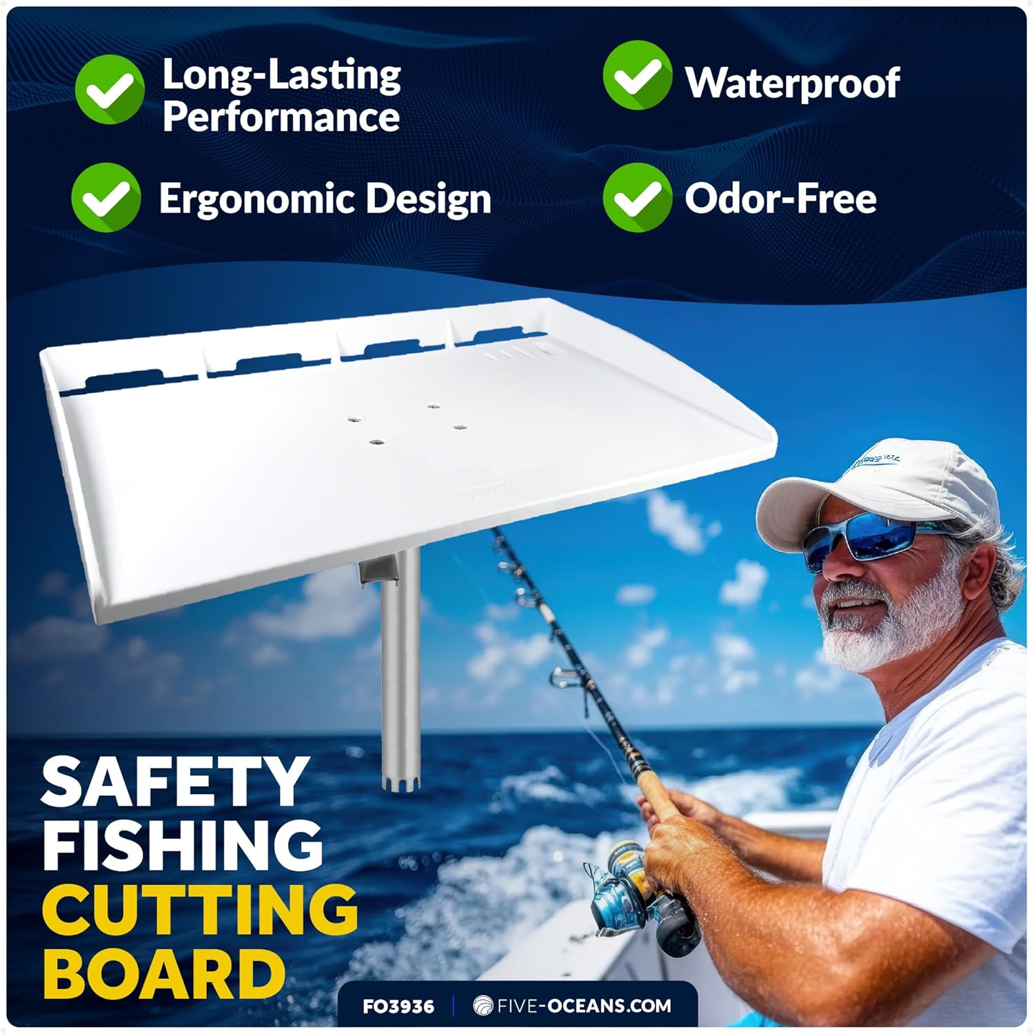 Five Oceans Cutting Board for Boat, 20" x 12" - Premium Fillet Table with Rod Holder Mount, Knife Slot, Plier Storage & Slotted Back - 1-Year Warranty - FO3936