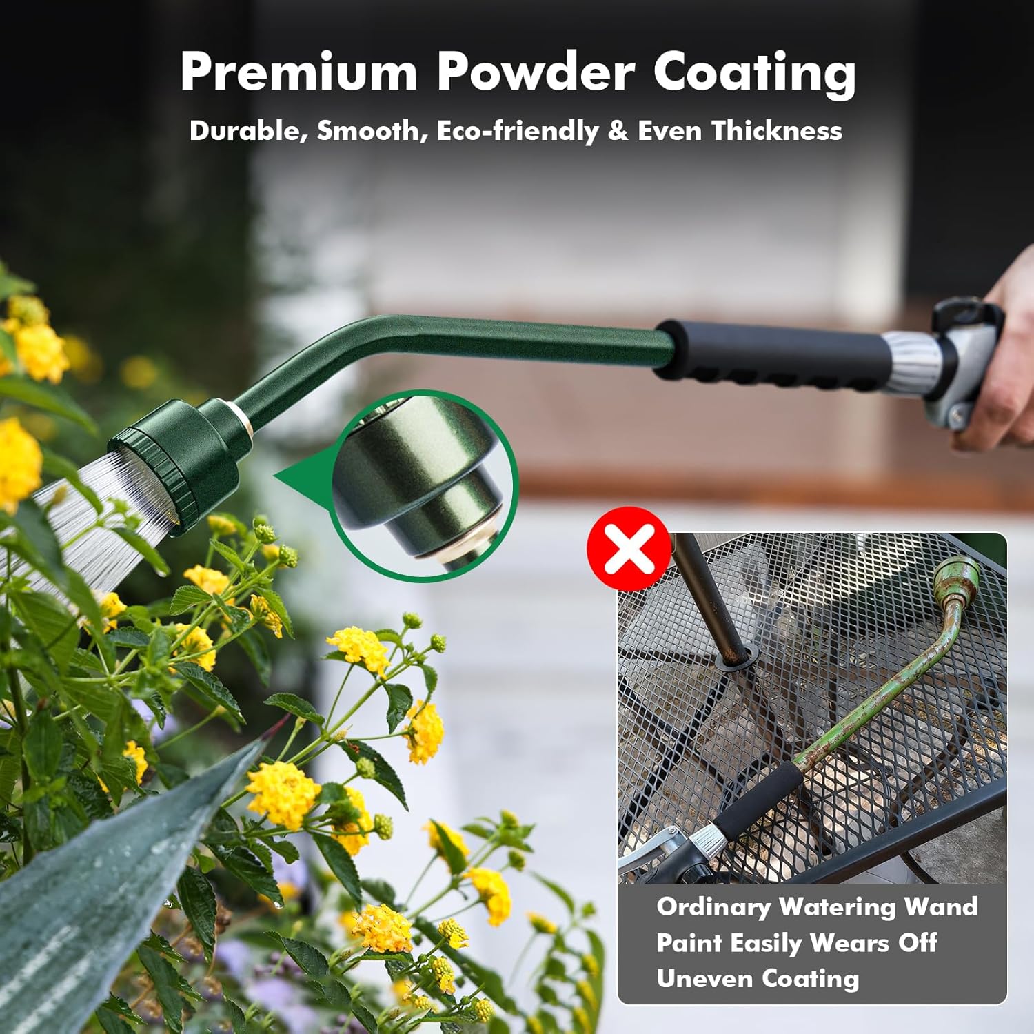 RESTMO Long Watering Wand, 24 Inches Gentle Soft Full Shower Sprayer Wand with Flow Control, Heavy Duty Metal Hose Wand for Hanging Baskets, Shrubs, Plants, Flowers, Garden and Lawn, Green