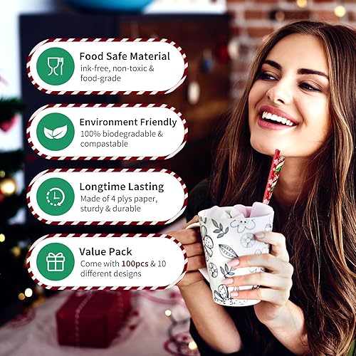 Miniatura 3 de Paquete de 100 popotes de papel de Navidad, 7.75 x 0.24 pulgadas, 10 colores surtidos para árbol de Navidad, Año Nuevo, vacaciones, fiesta (0.24 x