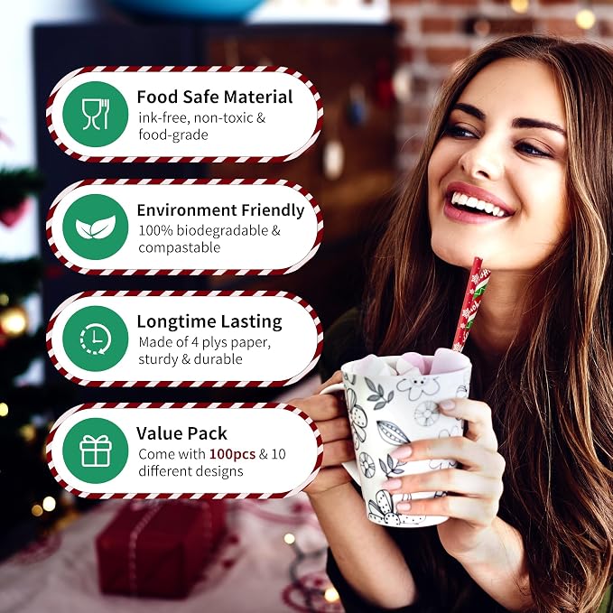 Pitillos de papel navideños, 100 unidades, 7.75 pulgadas miniatura 4
