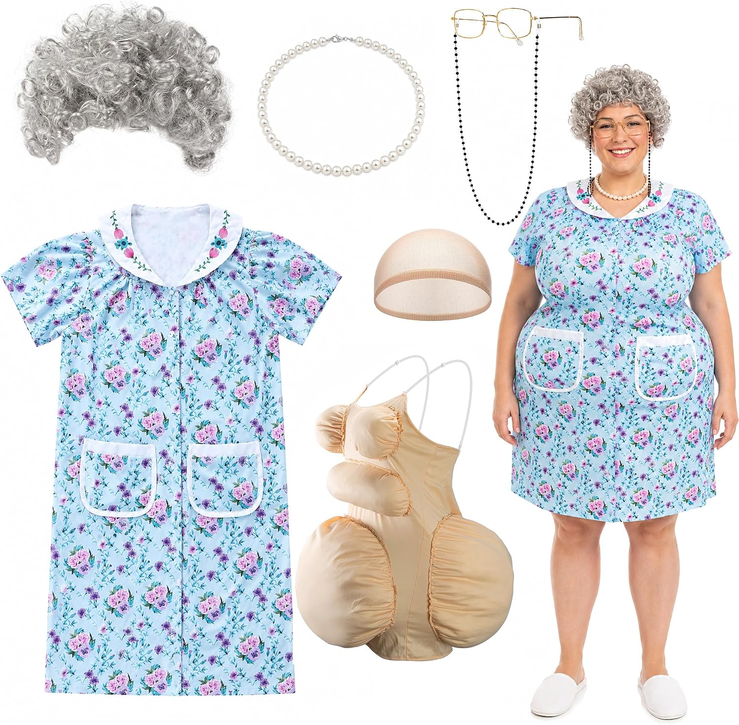7 Pcs Halloween Fat Old Lady Costume Set, Grandma Dress Fat Suits