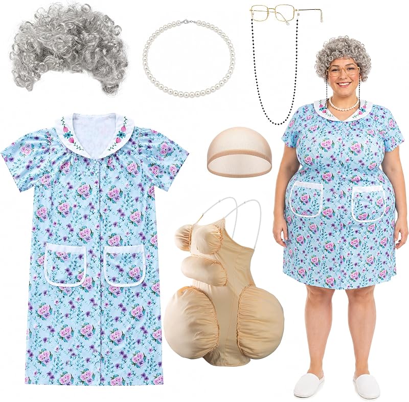 7 Pcs Halloween Fat Old Lady Costume Set, Grandma Dress Fat Suits