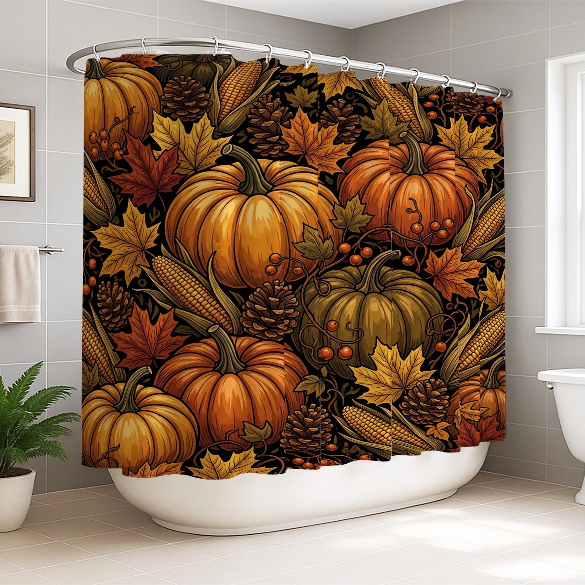 Rideau de douche extra large contre l'eau au sol, décor citrouilles orange 274x183cm