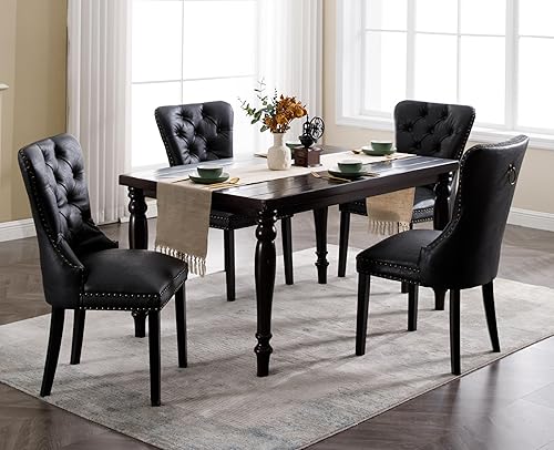 Miniatura 19 de EALSON Juego de 2 sillas de comedor modernas de cuero de mediados de siglo con patas de madera, sillas laterales de cocina tapizadas con ribete de