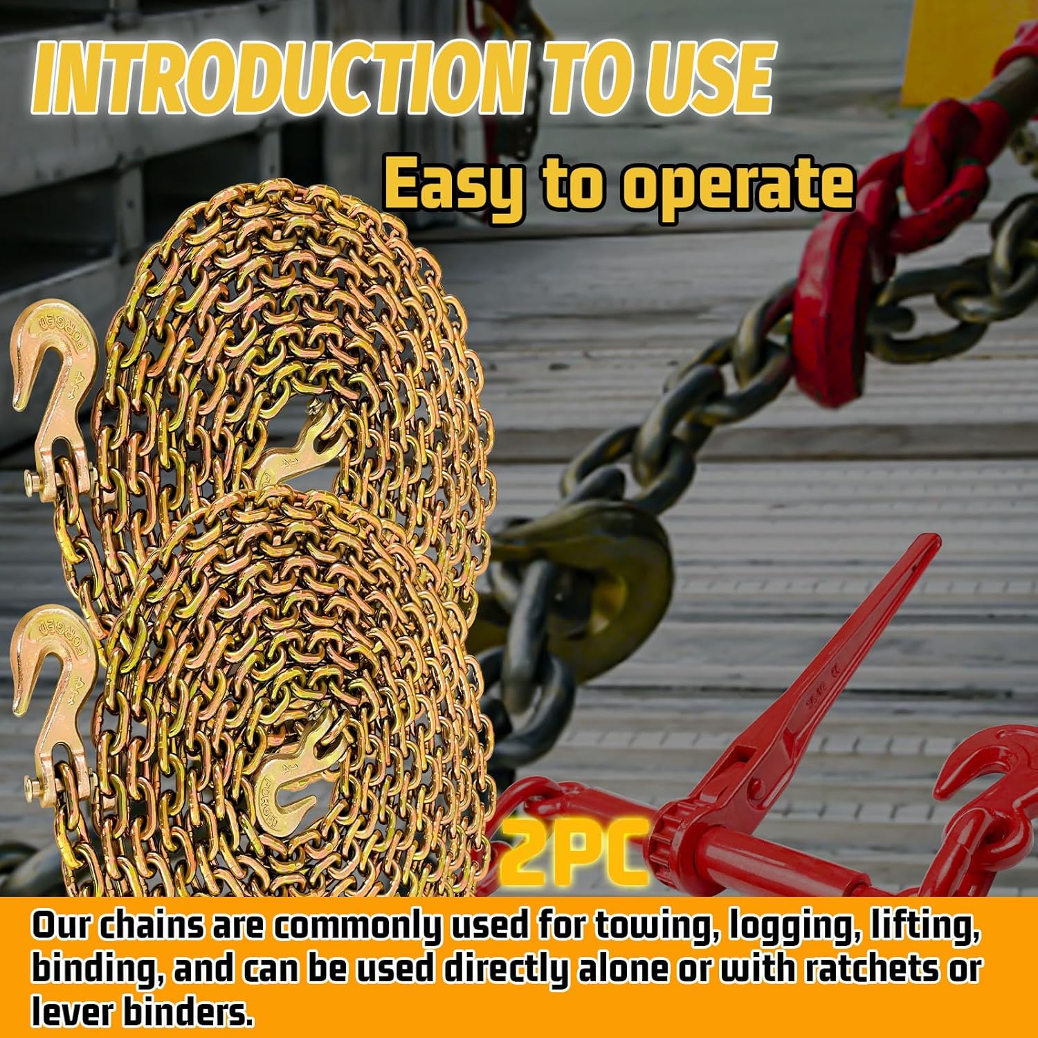 1/4" Tow Chain|G80 Log Chain with G70 Clevis Grab Hooks for Towing|20 FT Heavy Duty Chain Wll 3300 Lbs|Trailer Transport Safety Chain for Towing Truck Tie Down Binding Equipment(2 Pack)