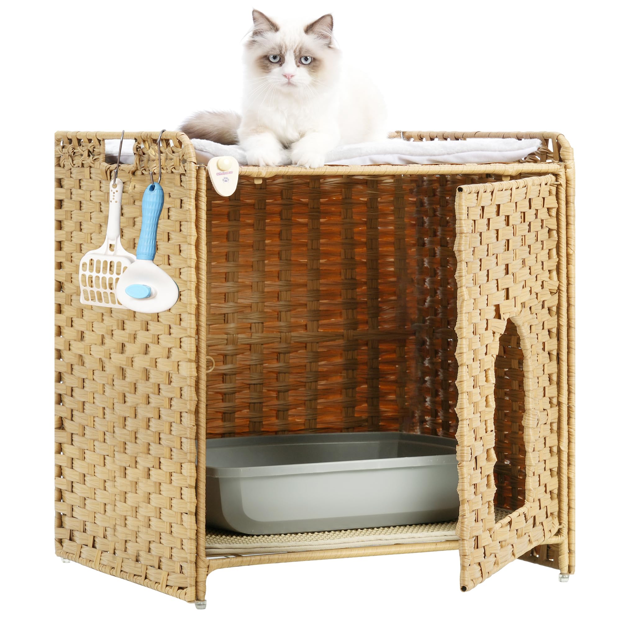 Cat Litter Box Enclosure, Hidden Cat Litter Box Furniture Including Cat Mat, Cat Litter Mat, 2 Hooks, Handwoven Rattan Cat House, Natural GCLB001N