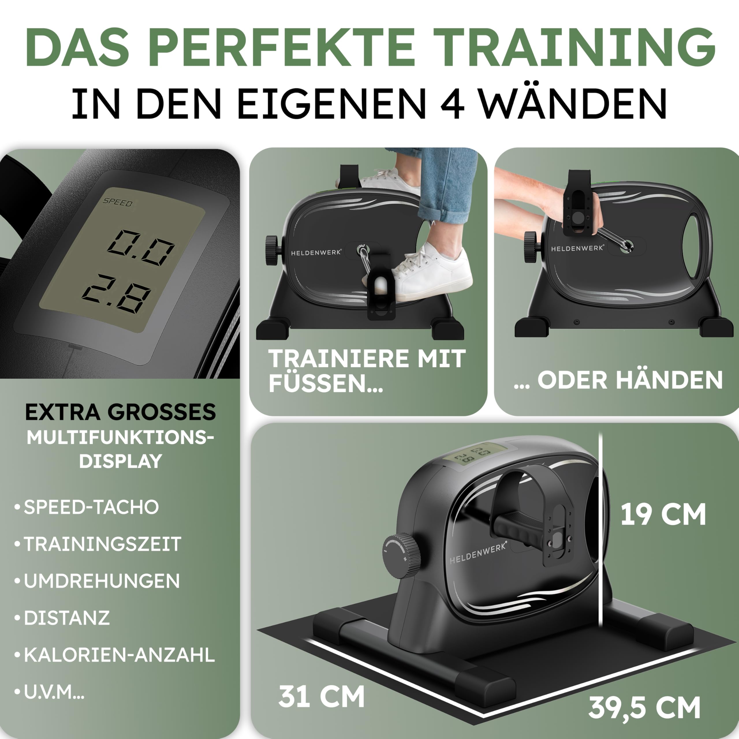 HELDENWERK Kit d'entraînement à pédales certifié TÜV/GS avec sangle de fixation et tapis antidérapant – Pédalier d'entraînement pour seniors