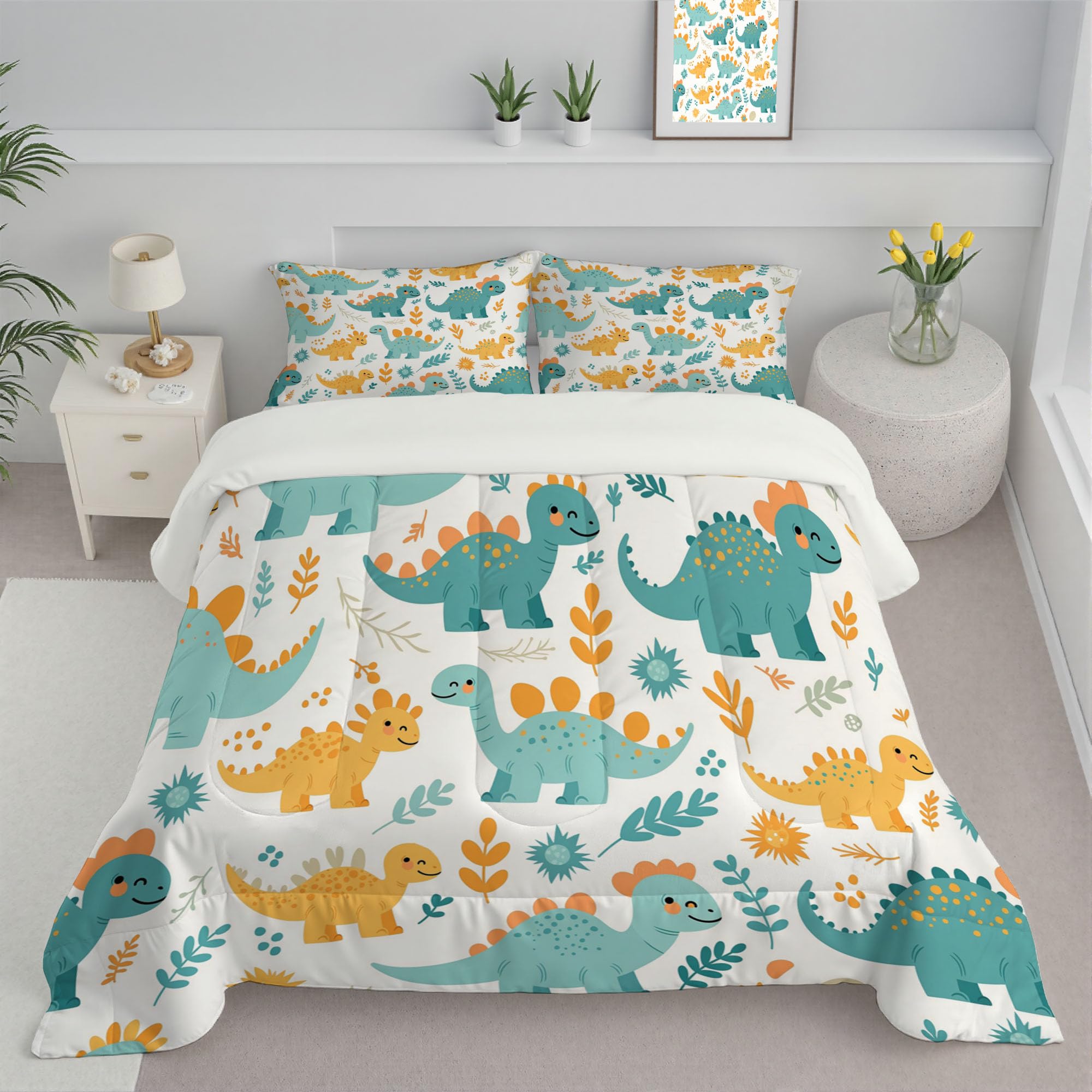 Couette 260x230 cm dinosaure imprimée bleu vert avec taies d'oreiller